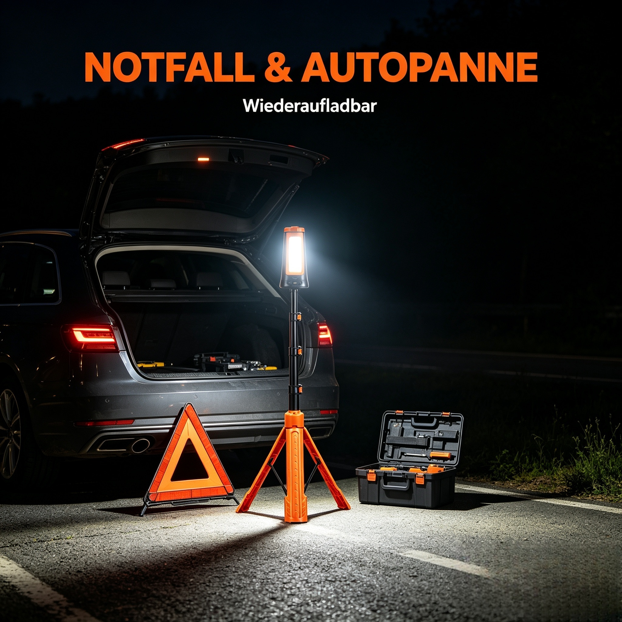 LED Akku Arbeitsleuchte mit Stativ (Höhenverstellbar bis 2,1 m) – Teleskop Baustrahler Zusammenklappbar (77 cm) – Portable Flutlicht Strahler für Baustelle, Werkstatt, Camping & Notfall