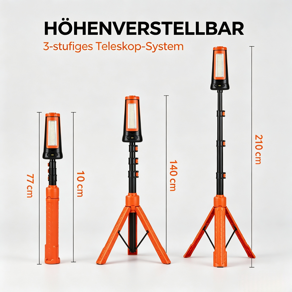 LED Akku Arbeitsleuchte mit Stativ (Höhenverstellbar bis 2,1 m) – Teleskop Baustrahler Zusammenklappbar (77 cm) – Portable Flutlicht Strahler für Baustelle, Werkstatt, Camping & Notfall