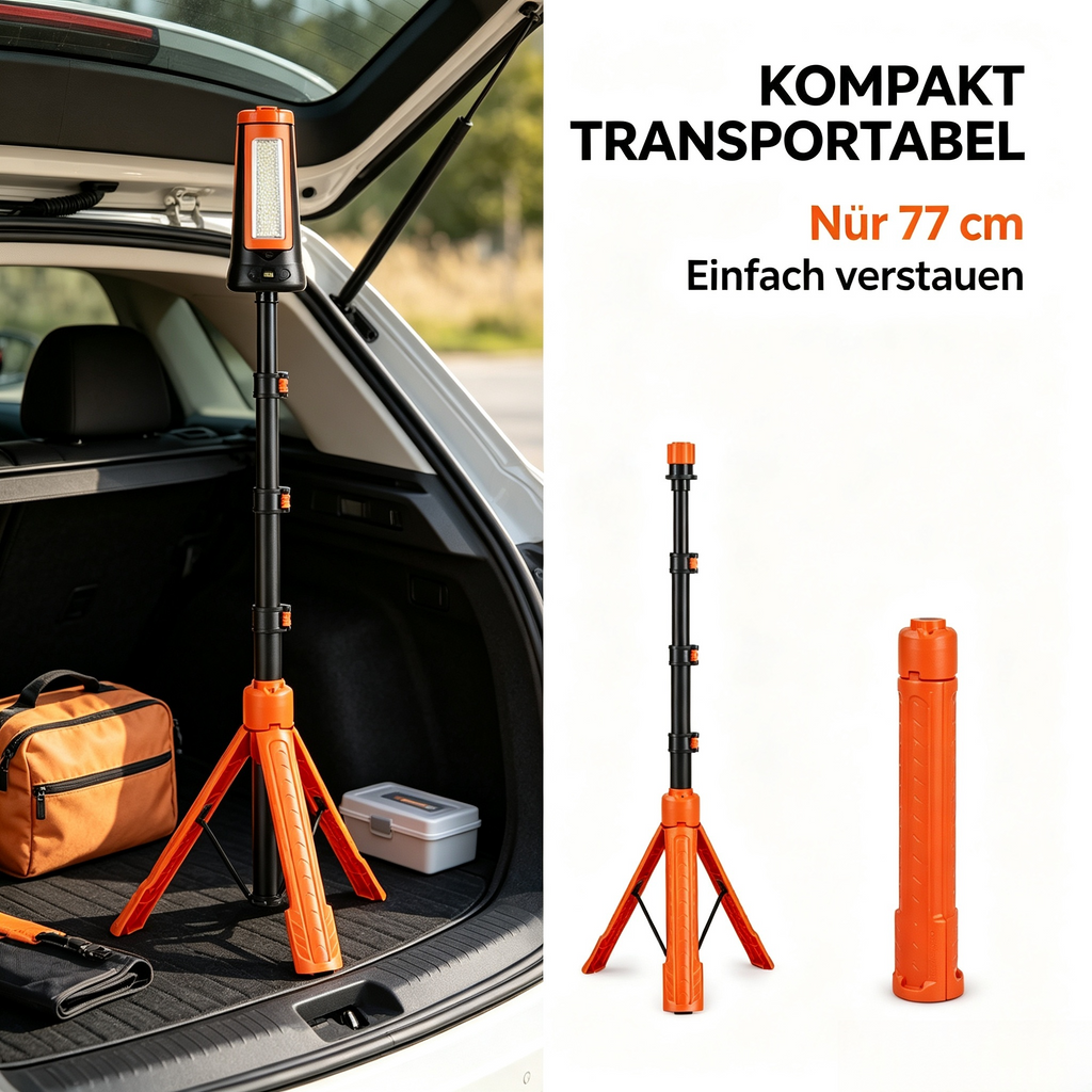 LED Akku Arbeitsleuchte mit Stativ (Höhenverstellbar bis 2,1 m) – Teleskop Baustrahler Zusammenklappbar (77 cm) – Portable Flutlicht Strahler für Baustelle, Werkstatt, Camping & Notfall