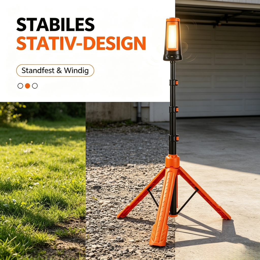 LED Akku Arbeitsleuchte mit Stativ (Höhenverstellbar bis 2,1 m) – Teleskop Baustrahler Zusammenklappbar (77 cm) – Portable Flutlicht Strahler für Baustelle, Werkstatt, Camping & Notfall