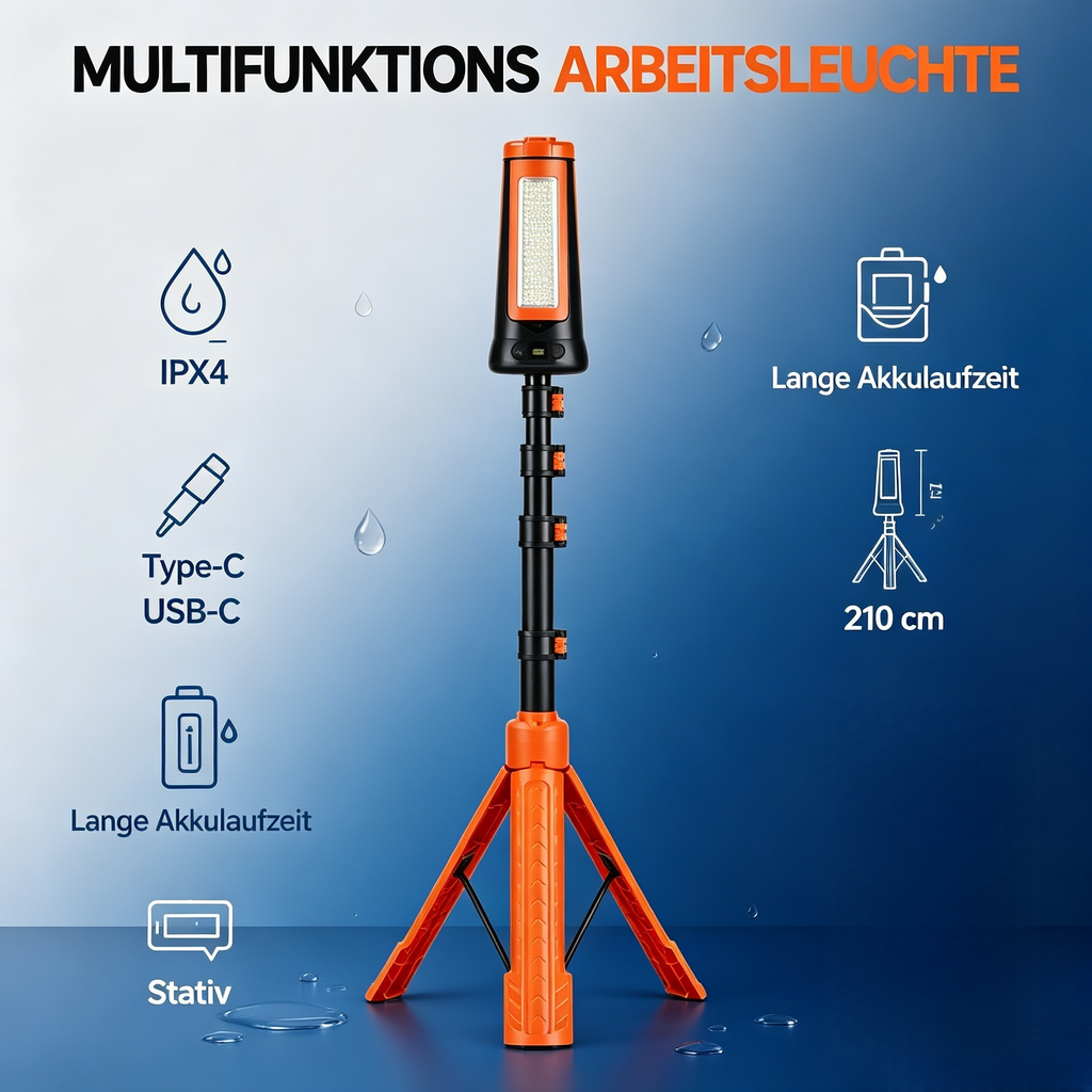 LED Akku Arbeitsleuchte mit Stativ (Höhenverstellbar bis 2,1 m) – Teleskop Baustrahler Zusammenklappbar (77 cm) – Portable Flutlicht Strahler für Baustelle, Werkstatt, Camping & Notfall