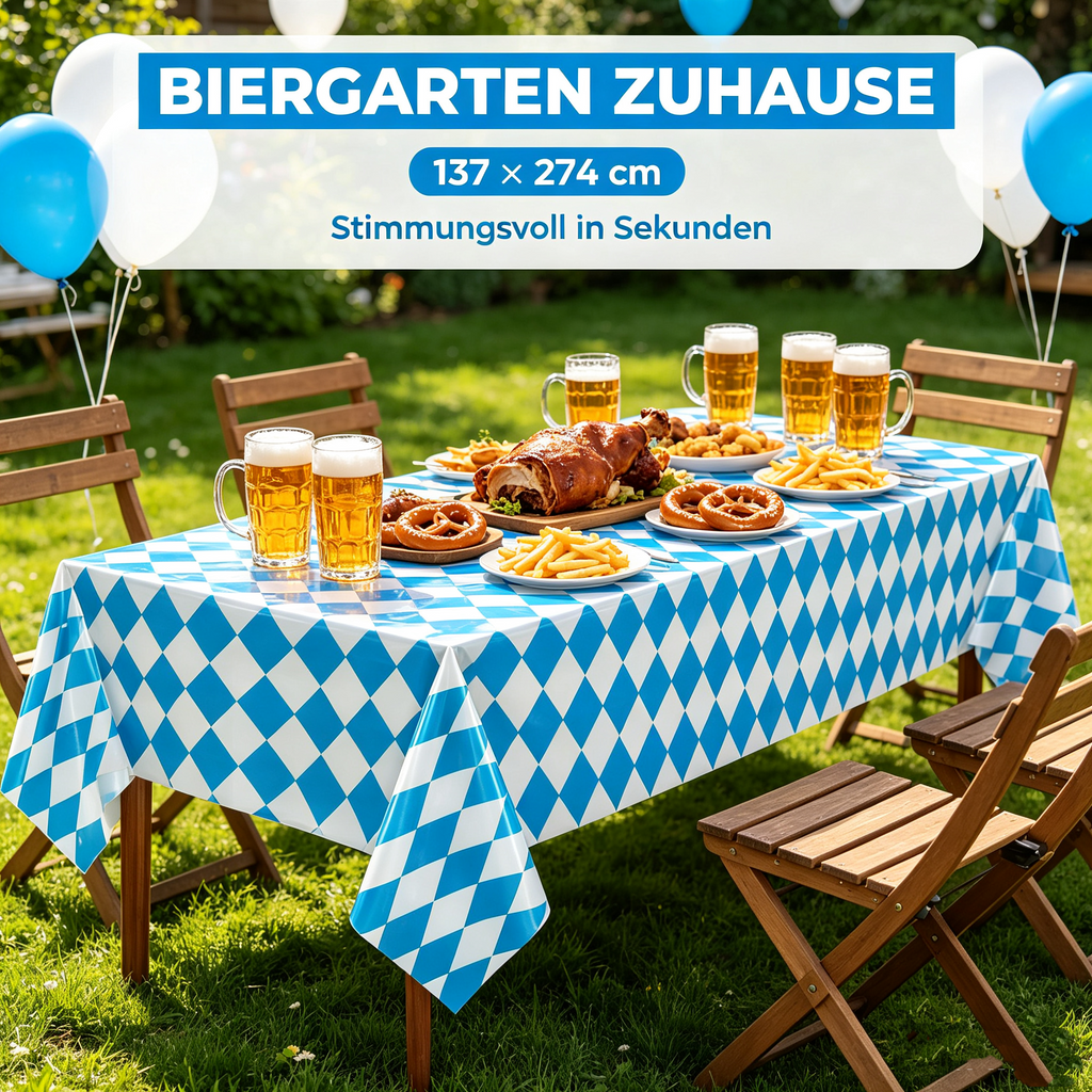 Oktoberfest Tischdecke Blau-Weiß Rautenmuster 137 x 274 cm – Abwischbare PE Biertischdecke, Wasserdicht & Reißfest