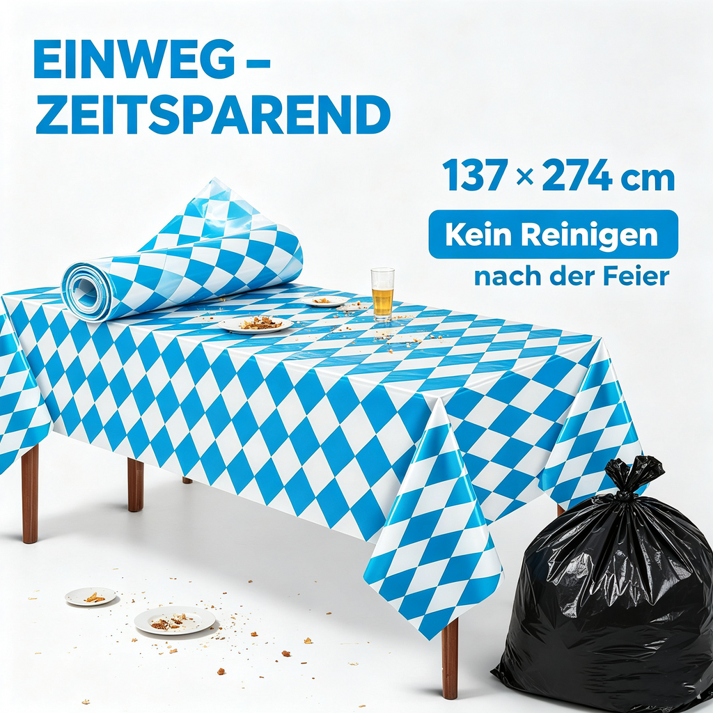 Oktoberfest Tischdecke Blau-Weiß Rautenmuster 137 x 274 cm – Abwischbare PE Biertischdecke, Wasserdicht & Reißfest
