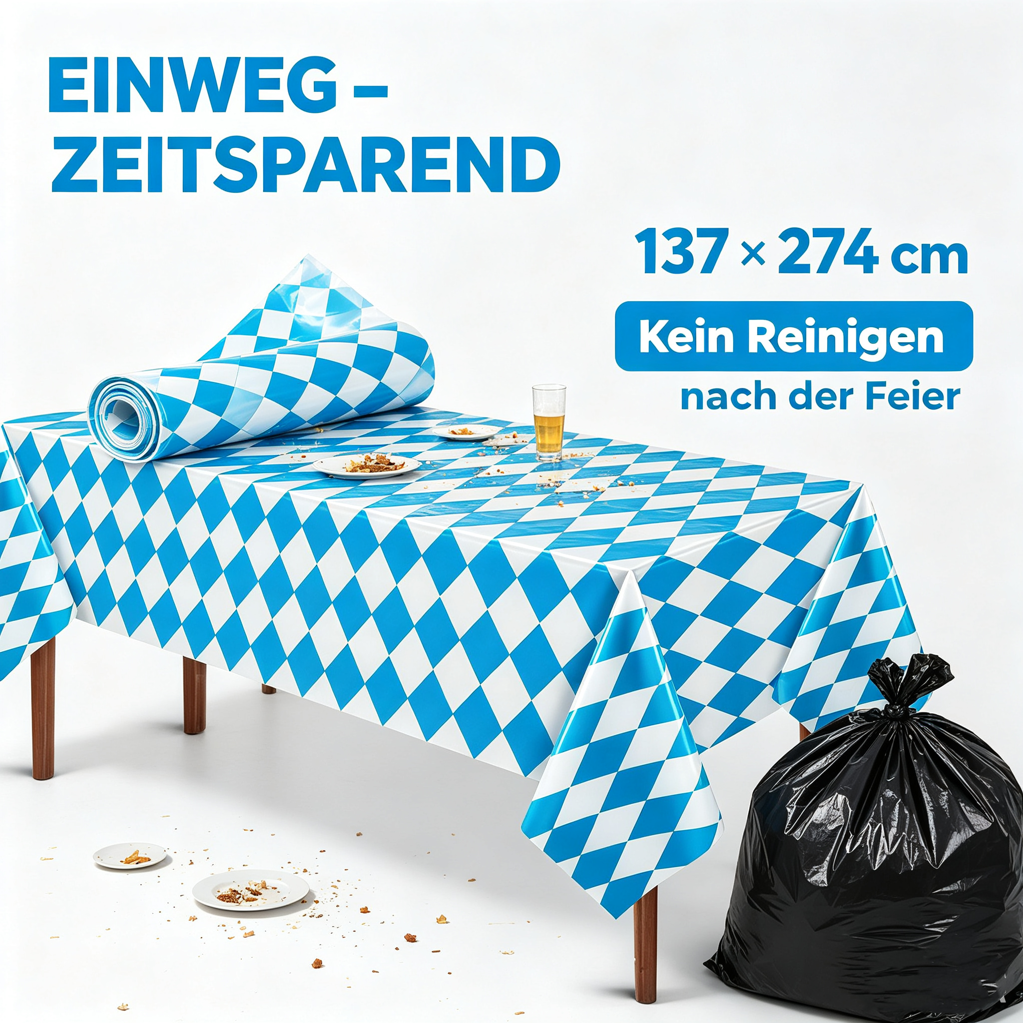 Oktoberfest Tischdecke Blau-Weiß Rautenmuster 137 x 274 cm – Abwischbare PE Biertischdecke, Wasserdicht & Reißfest