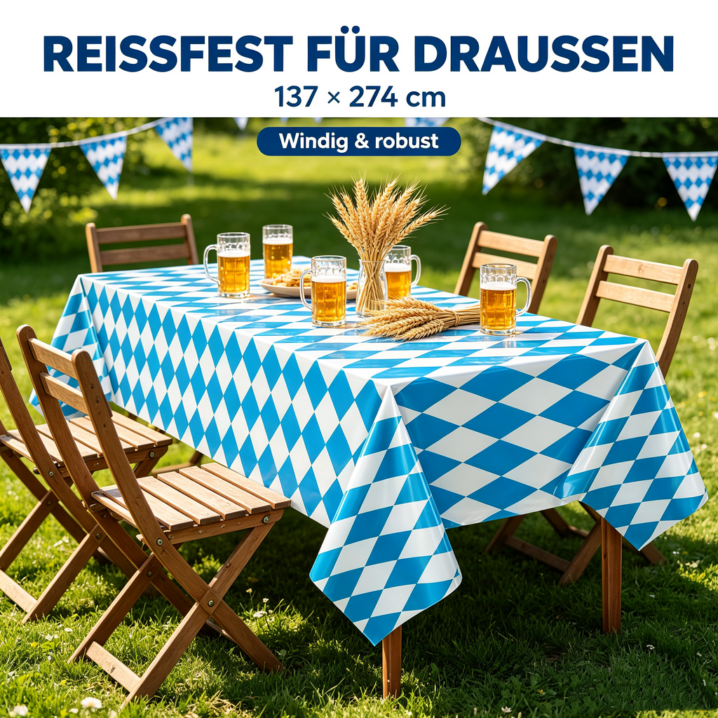 Oktoberfest Tischdecke Blau-Weiß Rautenmuster 137 x 274 cm – Abwischbare PE Biertischdecke, Wasserdicht & Reißfest