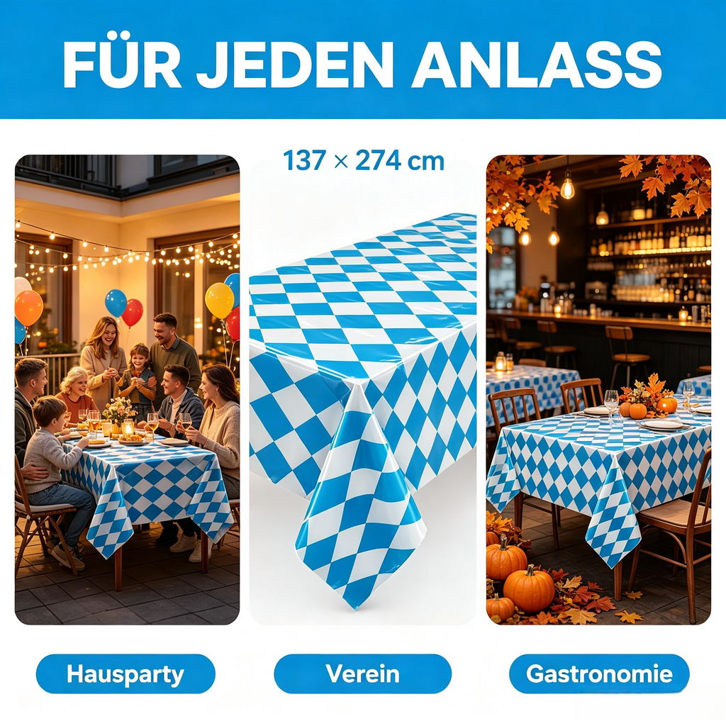 Oktoberfest Tischdecke Blau-Weiß Rautenmuster 137 x 274 cm – Abwischbare PE Biertischdecke, Wasserdicht & Reißfest