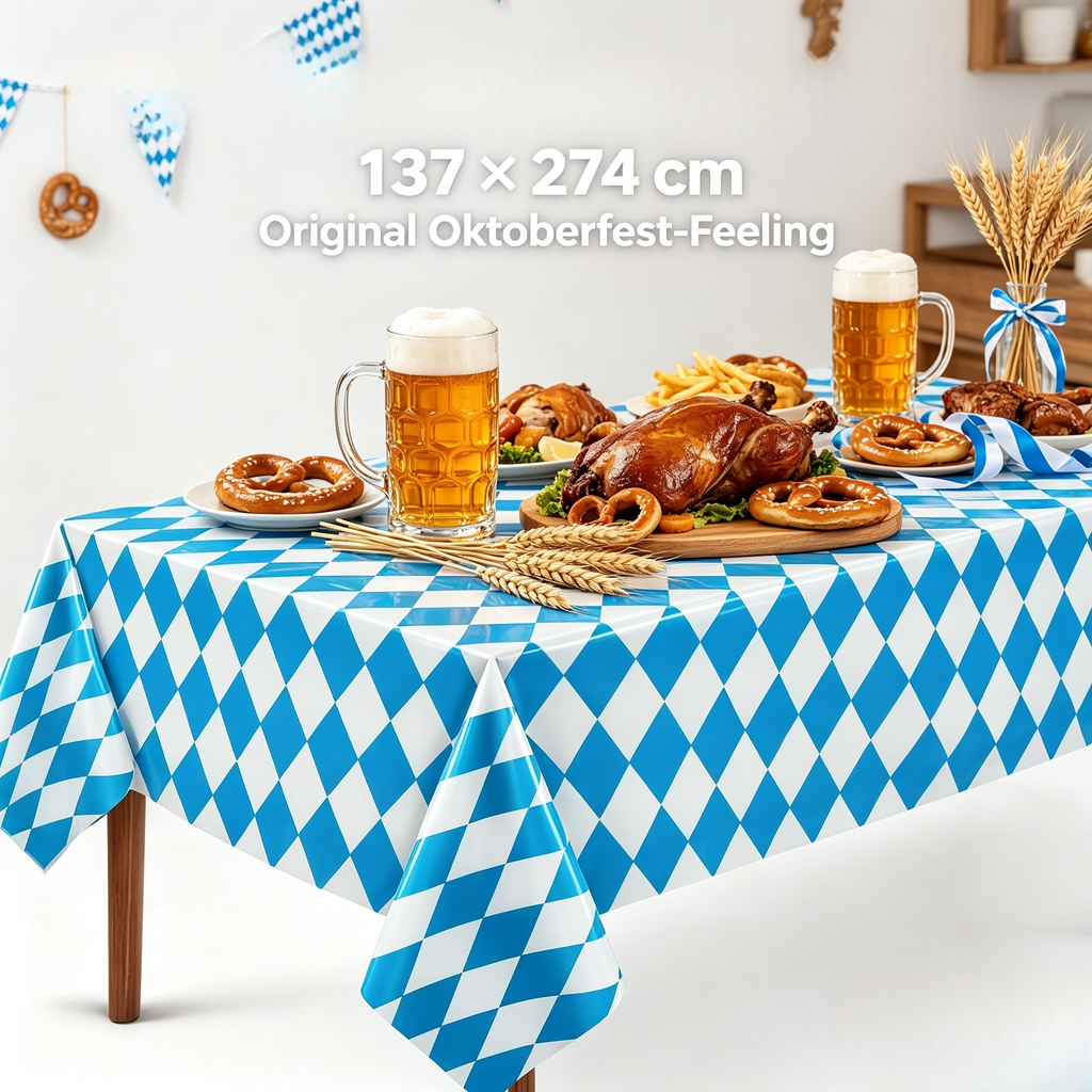 Oktoberfest Tischdecke Blau-Weiß Rautenmuster 137 x 274 cm – Abwischbare PE Biertischdecke, Wasserdicht & Reißfest