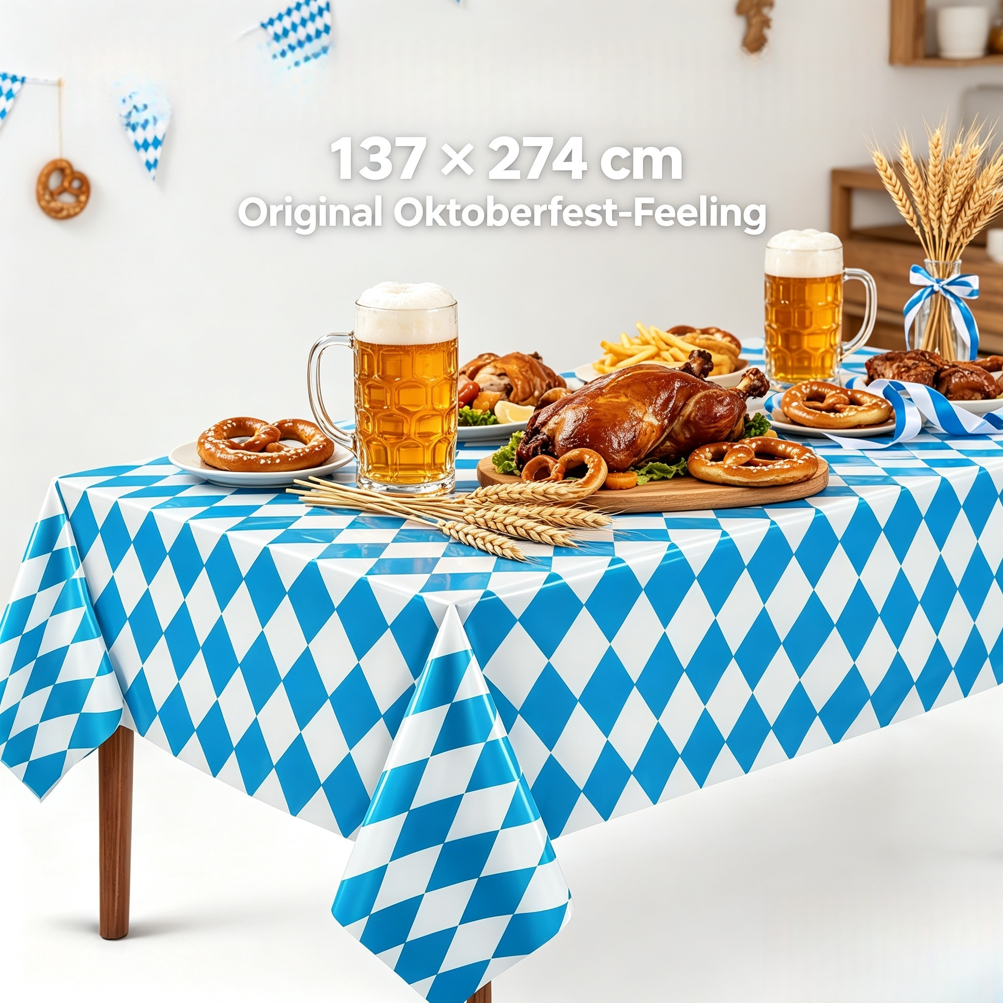 Oktoberfest Tischdecke Blau-Weiß Rautenmuster 137 x 274 cm – Abwischbare PE Biertischdecke, Wasserdicht & Reißfest
