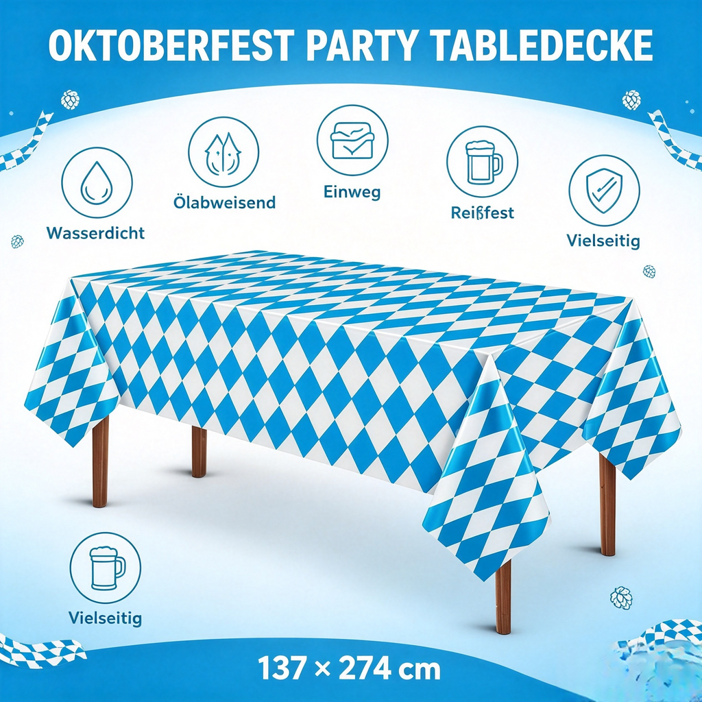 Oktoberfest Tischdecke Blau-Weiß Rautenmuster 137 x 274 cm – Abwischbare PE Biertischdecke, Wasserdicht & Reißfest