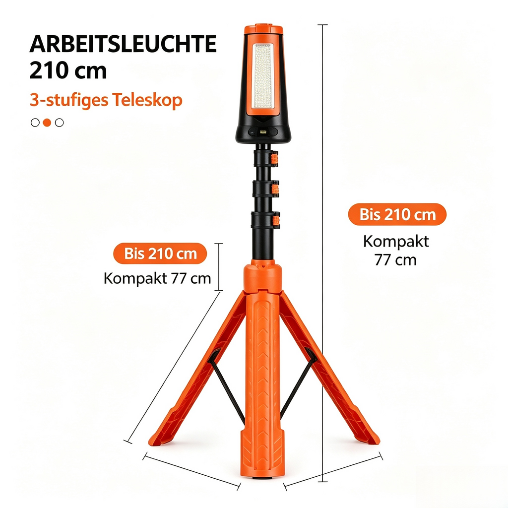 LED Akku Arbeitsleuchte mit Stativ (Höhenverstellbar bis 2,1 m) – Teleskop Baustrahler Zusammenklappbar (77 cm) – Portable Flutlicht Strahler für Baustelle, Werkstatt, Camping & Notfall