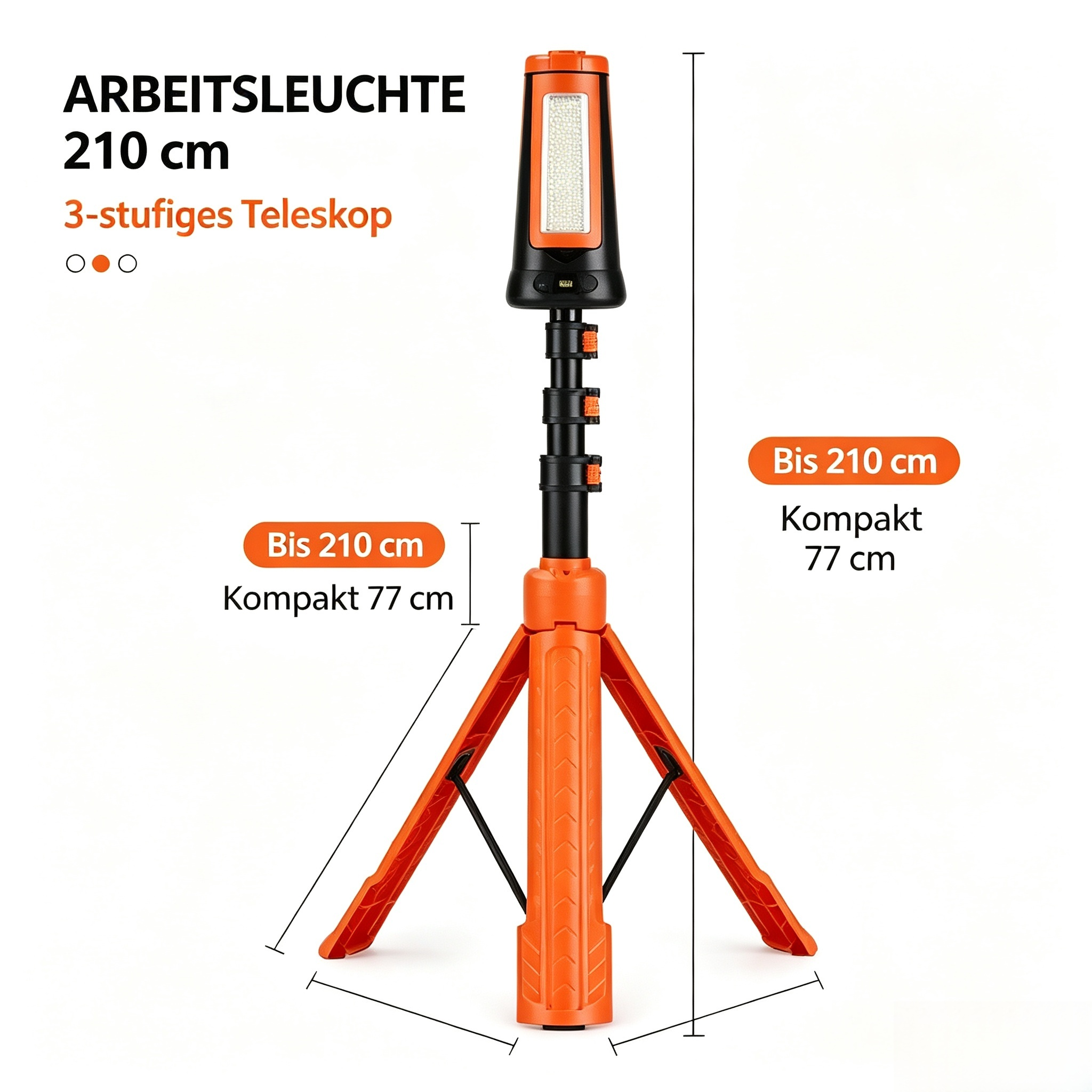 LED Akku Arbeitsleuchte mit Stativ (Höhenverstellbar bis 2,1 m) – Teleskop Baustrahler Zusammenklappbar (77 cm) – Portable Flutlicht Strahler für Baustelle, Werkstatt, Camping & Notfall