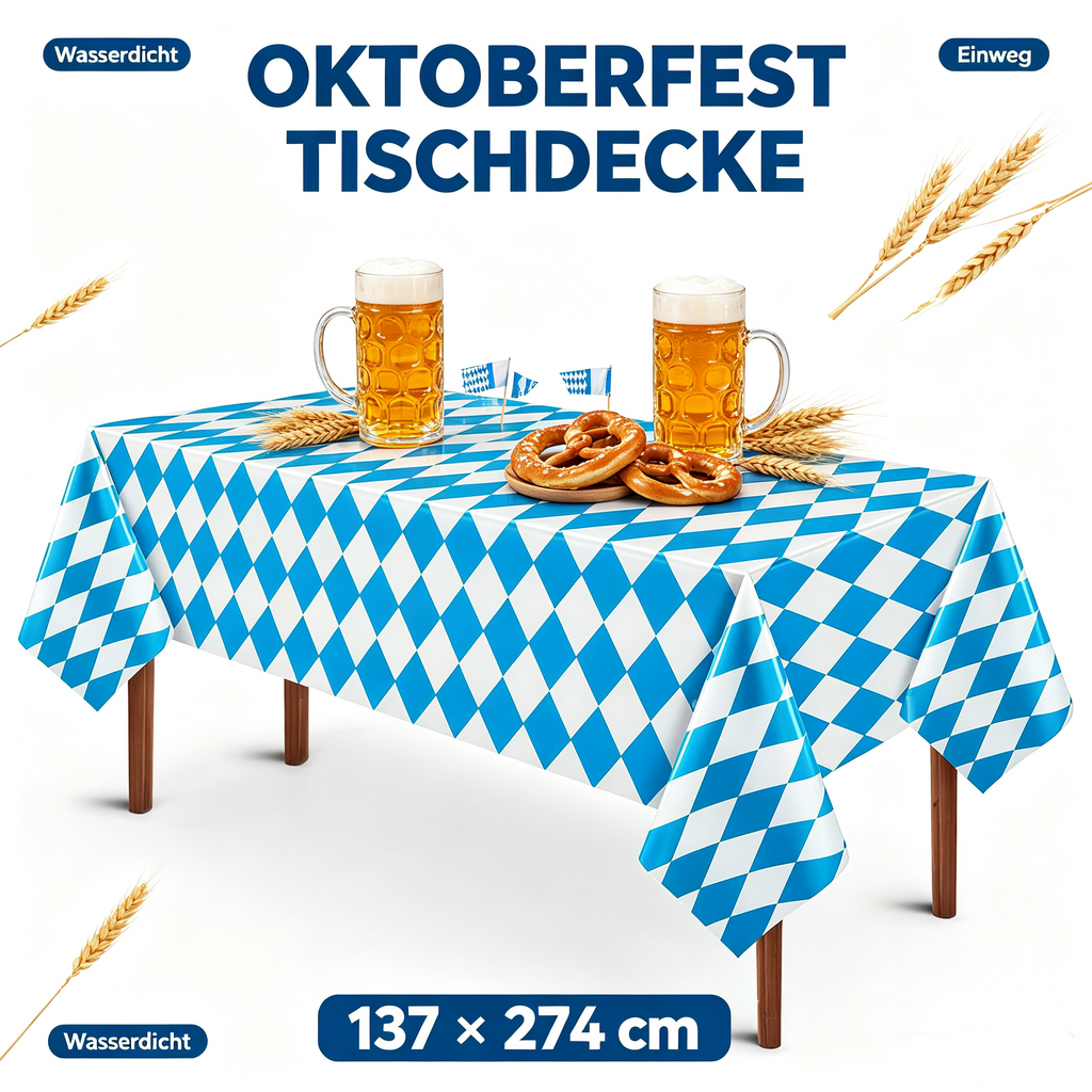Oktoberfest Tischdecke Blau-Weiß Rautenmuster 137 x 274 cm – Abwischbare PE Biertischdecke, Wasserdicht & Reißfest