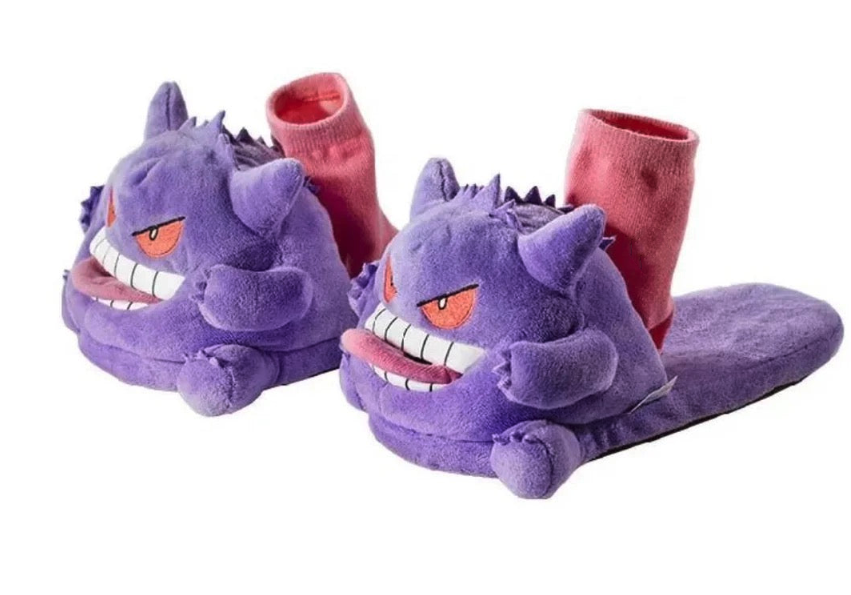 Gengar Plüsch Hausschuhe mit Zunge – Lustige  für Damen & Herren – Weiche lila Monster Schlappen – Geschenkidee