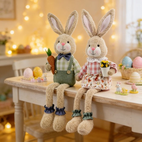 Osterhase Dekofigur im Landhausstil Süßer Sitzender Stoffhase mit Langen Beinen Rustikale Osterdekoration für Tisch und Regal Handgefertigt Braun