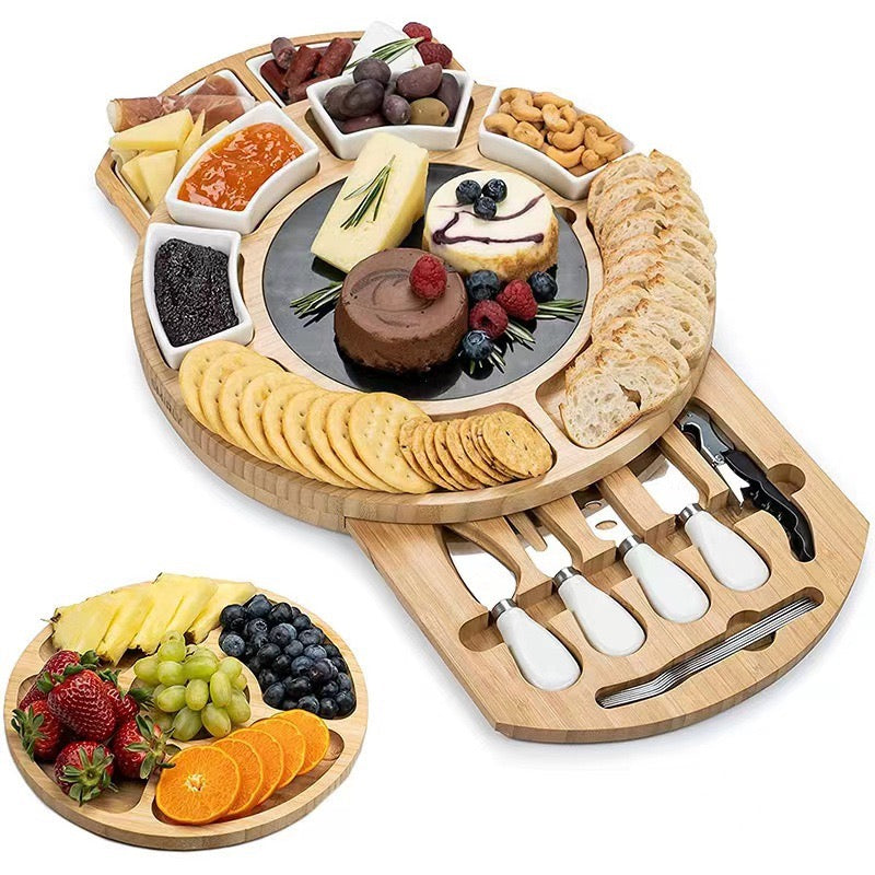Premium Akazienholz Käsebrett mit Ausziehbarer Schublade Multifunktionales Schneidebrett für Käse Obst und Brot Elegantes Servierbrett für Steak und Wein Design