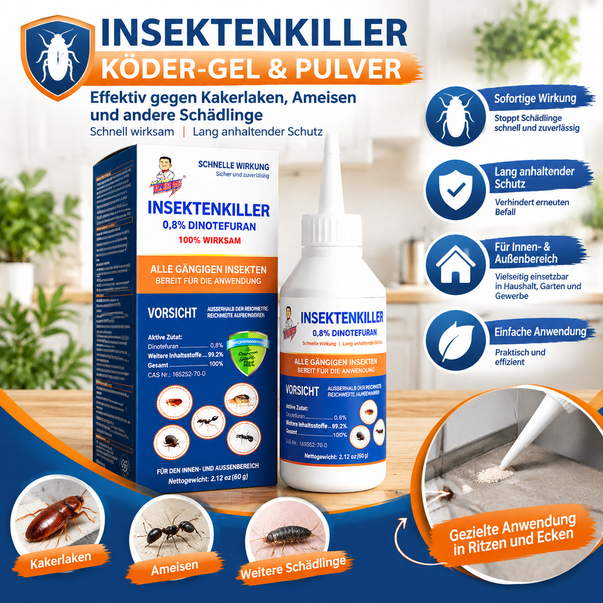 Insektenkiller Köder-Gel & Pulver mit 0,8% Dinotefuran (60g) – Effektives Ungeziefermittel gegen Kakerlaken, Ameisen, Wanzen & Flöhe, Präzise Anwendungsflasche für Küche & Haushalt