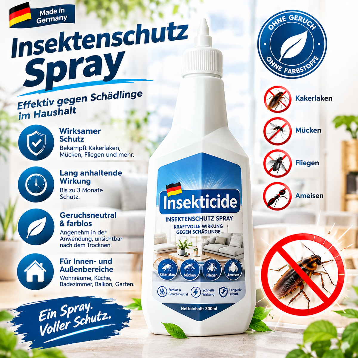 Insektenschutz Spray (300ml) – Universelles Schädlingsspray gegen Kakerlaken, Mücken, Fliegen & Ameisen, Bis zu 3 Monate Langzeitschutz, Geruchsneutral & Farblos für Innen & Außen