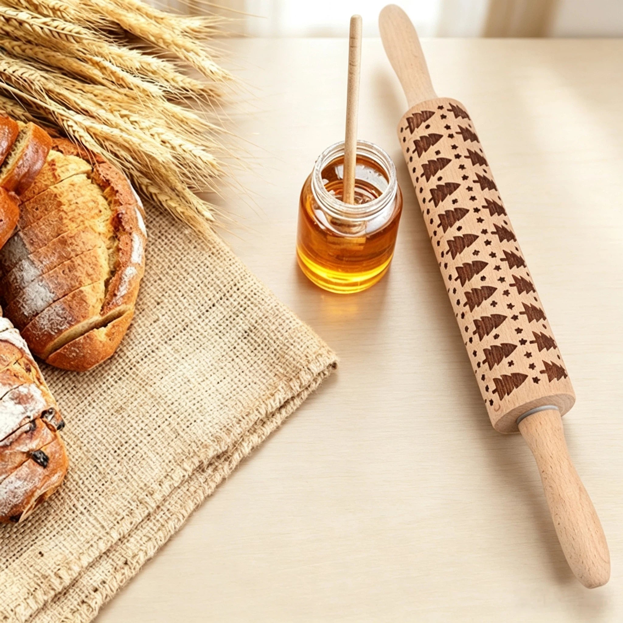 Weihnachts Nudelholz mit Muster aus Holz – Gravierte Teigrolle mit Rentier & Tannenbaum Prägung – 35cm Kekse Teigroller für Weihnachtsgebäck, Plätzchen, Fondant & Backen – Geschenkidee