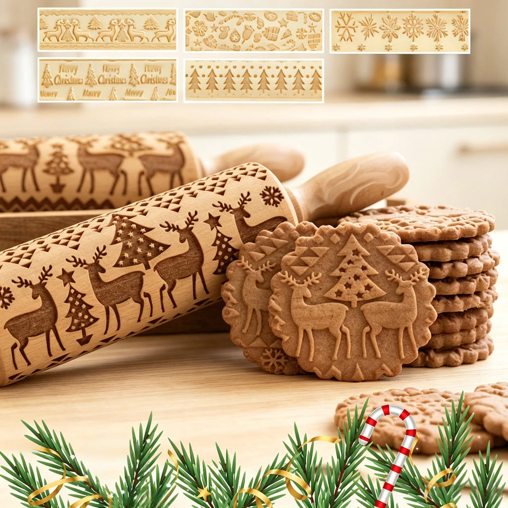 Weihnachts Nudelholz mit Muster aus Holz – Gravierte Teigrolle mit Rentier & Tannenbaum Prägung – 35cm Kekse Teigroller für Weihnachtsgebäck, Plätzchen, Fondant & Backen – Geschenkidee