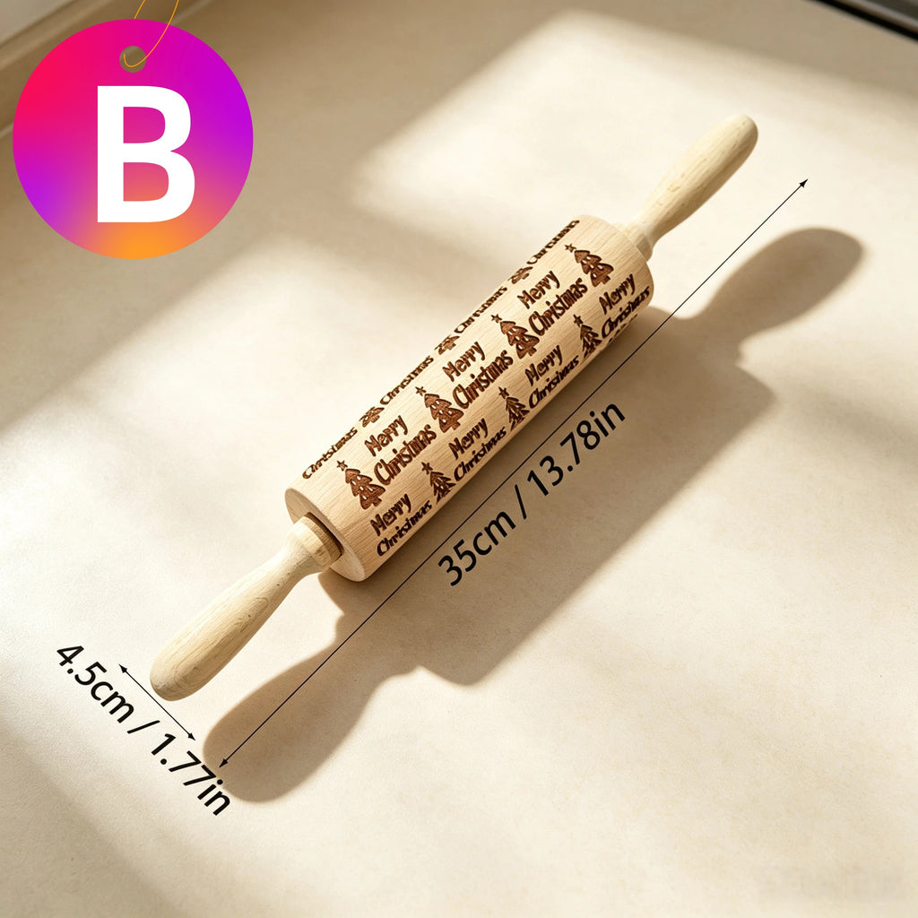 Weihnachts Nudelholz mit Muster aus Holz – Gravierte Teigrolle mit Rentier & Tannenbaum Prägung – 35cm Kekse Teigroller für Weihnachtsgebäck, Plätzchen, Fondant & Backen – Geschenkidee