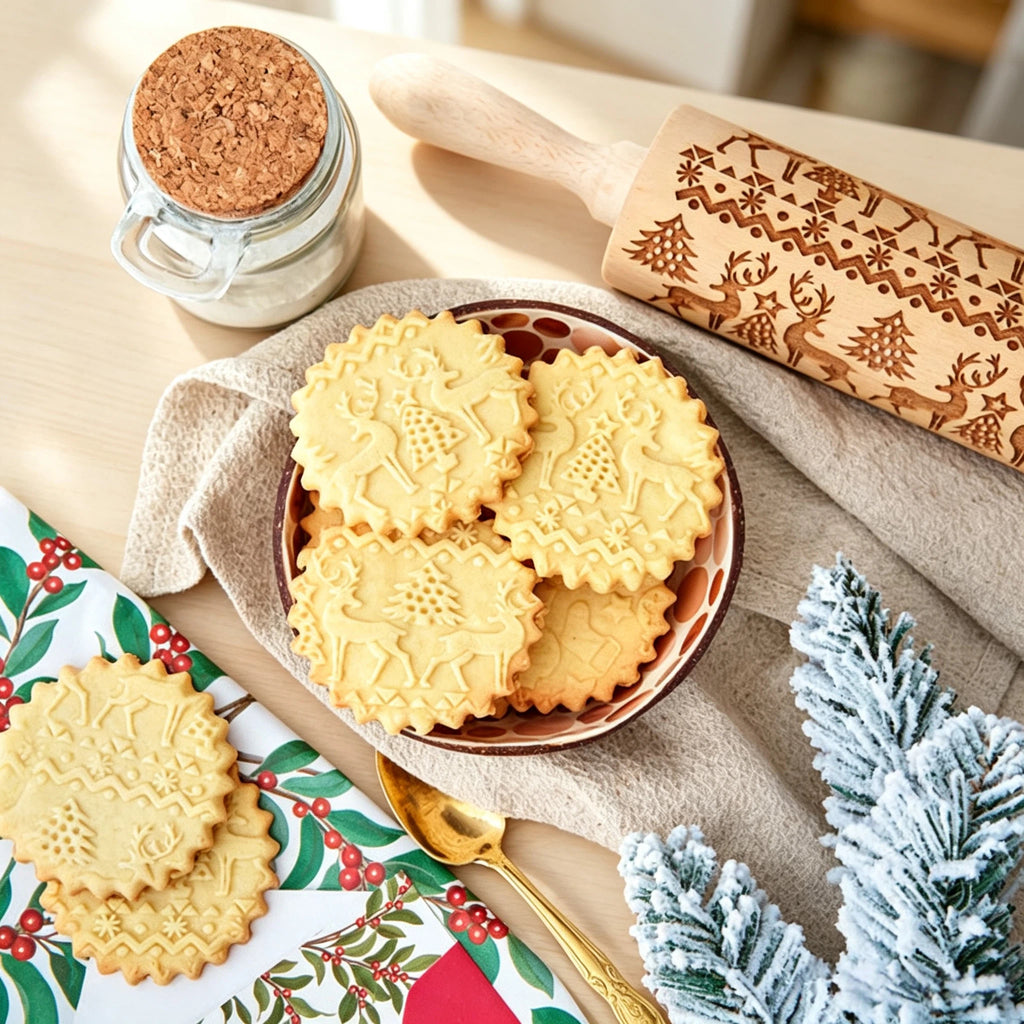 Weihnachts Nudelholz mit Muster aus Holz – Gravierte Teigrolle mit Rentier & Tannenbaum Prägung – 35cm Kekse Teigroller für Weihnachtsgebäck, Plätzchen, Fondant & Backen – Geschenkidee