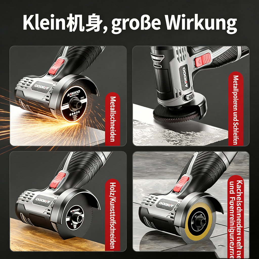 Akku-Winkelschleifer mit bürstenlosem Motor – Leistungsstarke Schleifmaschine mit großem Akku – Multifunktionales Trennschleifer-Set für Metall, Stein & Holz