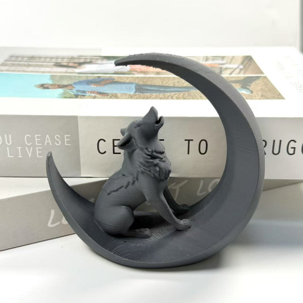 Ästhetische Wolf & Mond Skulptur – Moderne Schreibtisch-Deko mit symbolischem Design – Einzigartige Wolf-Silhouette für Büro & Zuhause – Stilvolles Deko-Objekt