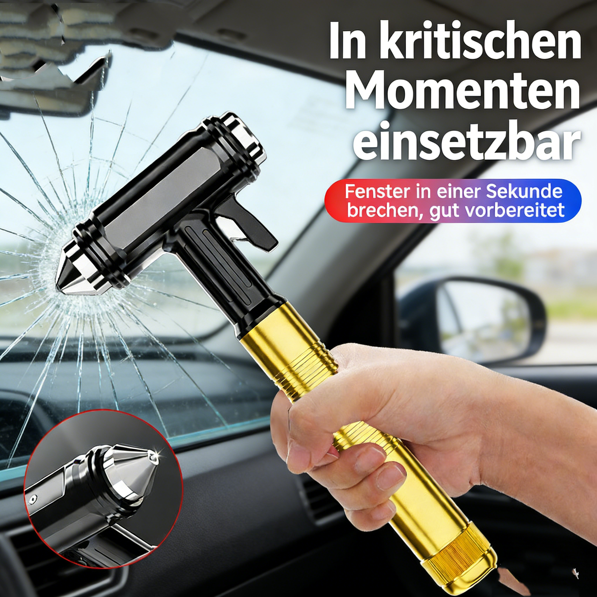 Auto Sicherheitshammer Wolframstahl – Profi Notfallhammer Glasbrecher aus Aluminium – Gurtschneider & Fluchtwerkzeug