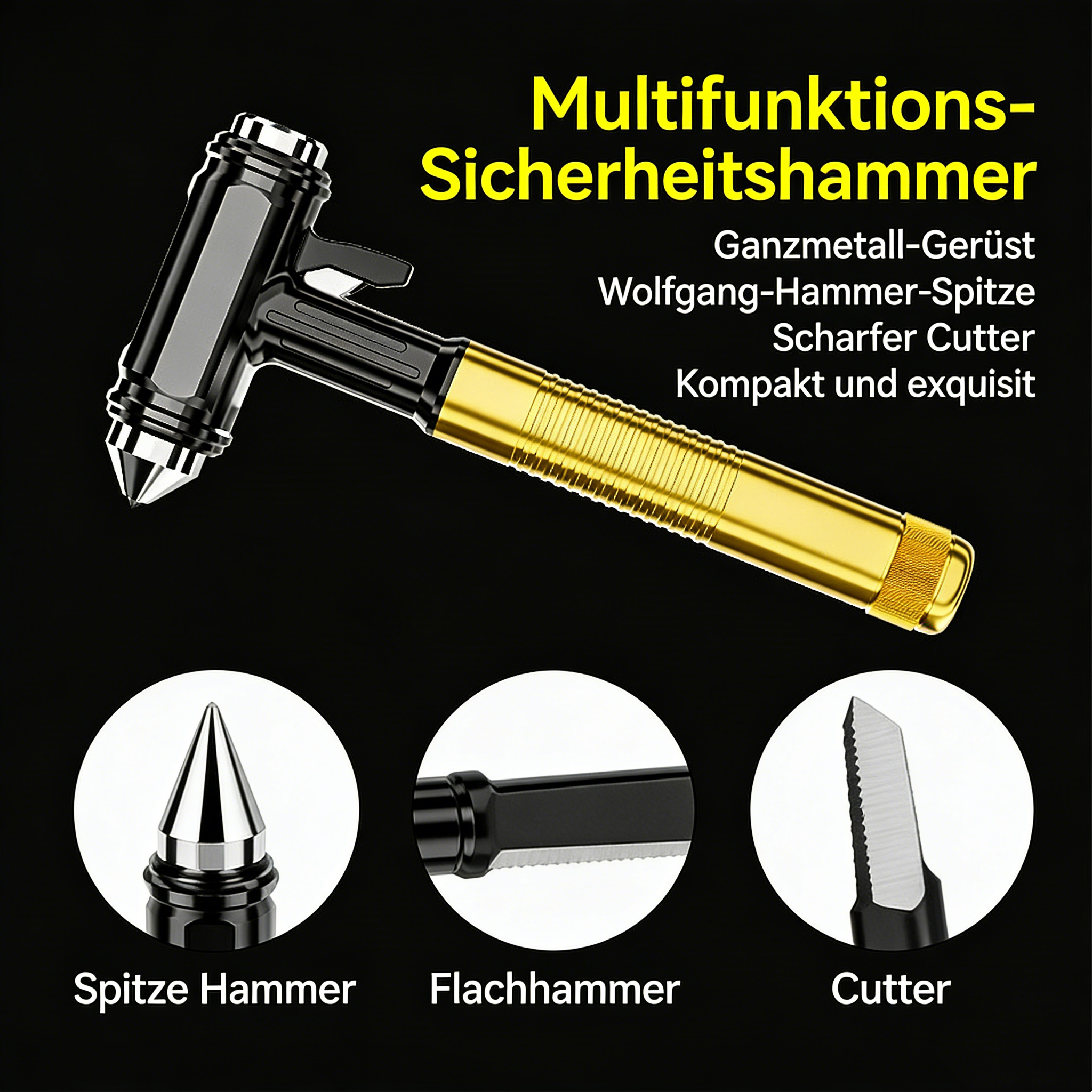 Auto Sicherheitshammer Wolframstahl – Profi Notfallhammer Glasbrecher aus Aluminium – Gurtschneider & Fluchtwerkzeug