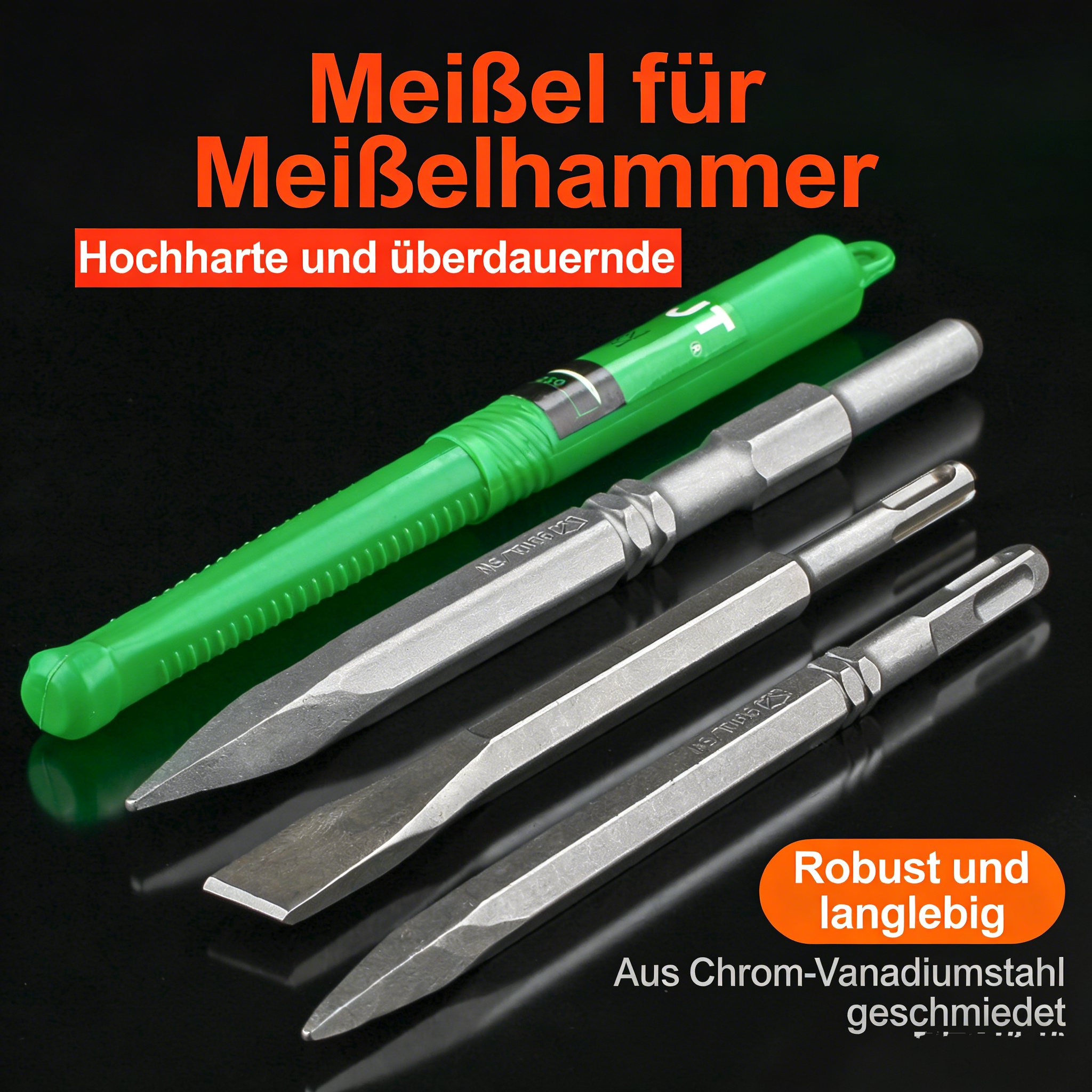 Profi Meißel Set für Bohrhammer & Abbruchhammer – SDS Plus/Max Meißel-Satz mit Flachmeißel, Spitzmeißel & Spatmeißel – Hochwertiger Stahl für Beton & Mauerwerk