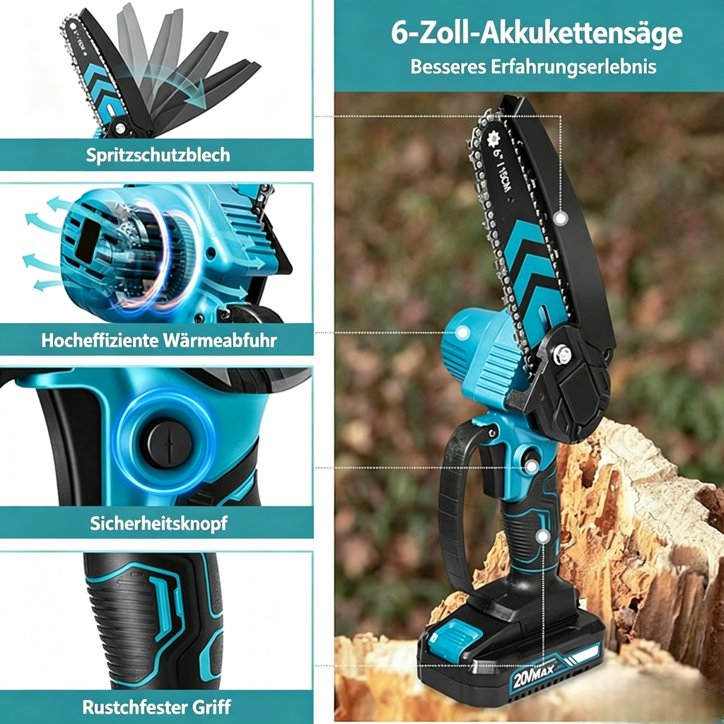 6 Zoll Mini-Akku-Kettensäge Set: Einhand-Kettensäge mit 2 Akkus, 2 Ketten & Koffer
