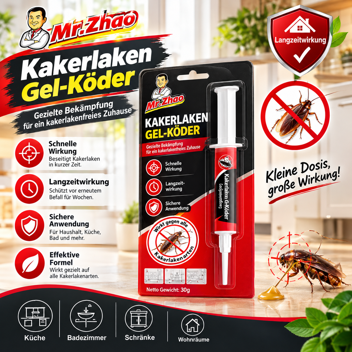 Mr. Zhao Kakerlaken Gel-Köder (30g) – Starkes Schabengift mit Fipronil (0,3%), Schnelle & Langanhaltende Wirkung für Küche, Bad & Schränke