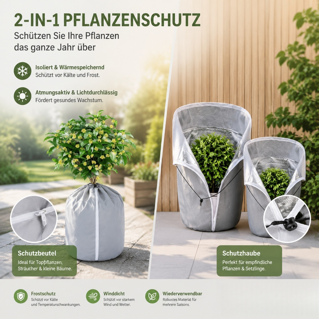 2-in-1 Pflanzen Winterschutzhülle mit Reißverschluss & Kordelzug – Frostschutz für Kübelpflanzen, Sträucher & Bäumchen