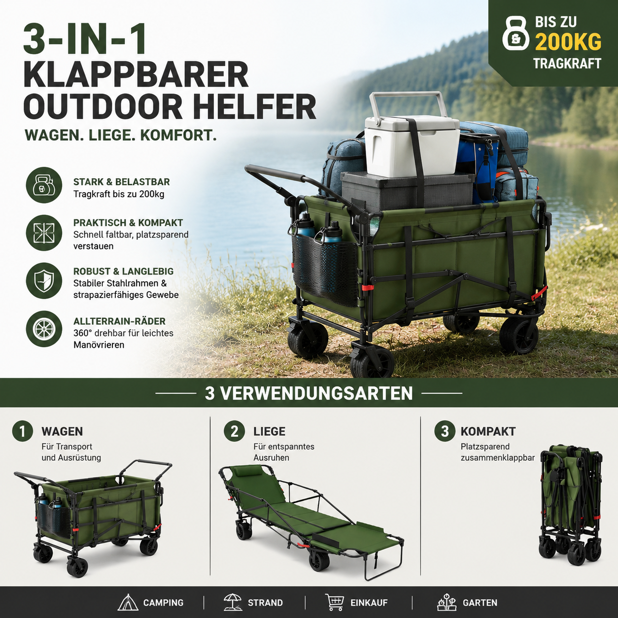3-in-1 Bollerwagen Faltbar mit Liegefunktion (Bis 200 kg) – Allterrain Transportwagen Klappbar mit 360° Rädern – Handwagen für Camping, Strand, Garten & Einkauf