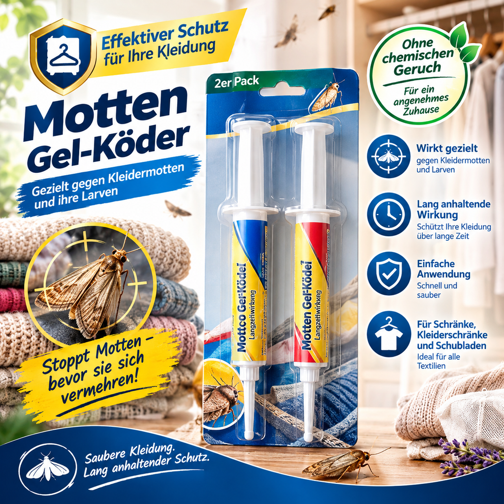 Motten Gel-Köder 2er Pack (2x10g) – Effektives Mittel gegen Kleidermotten & Larven, Langanhaltender Mottenschutz für Kleiderschrank & Schubladen