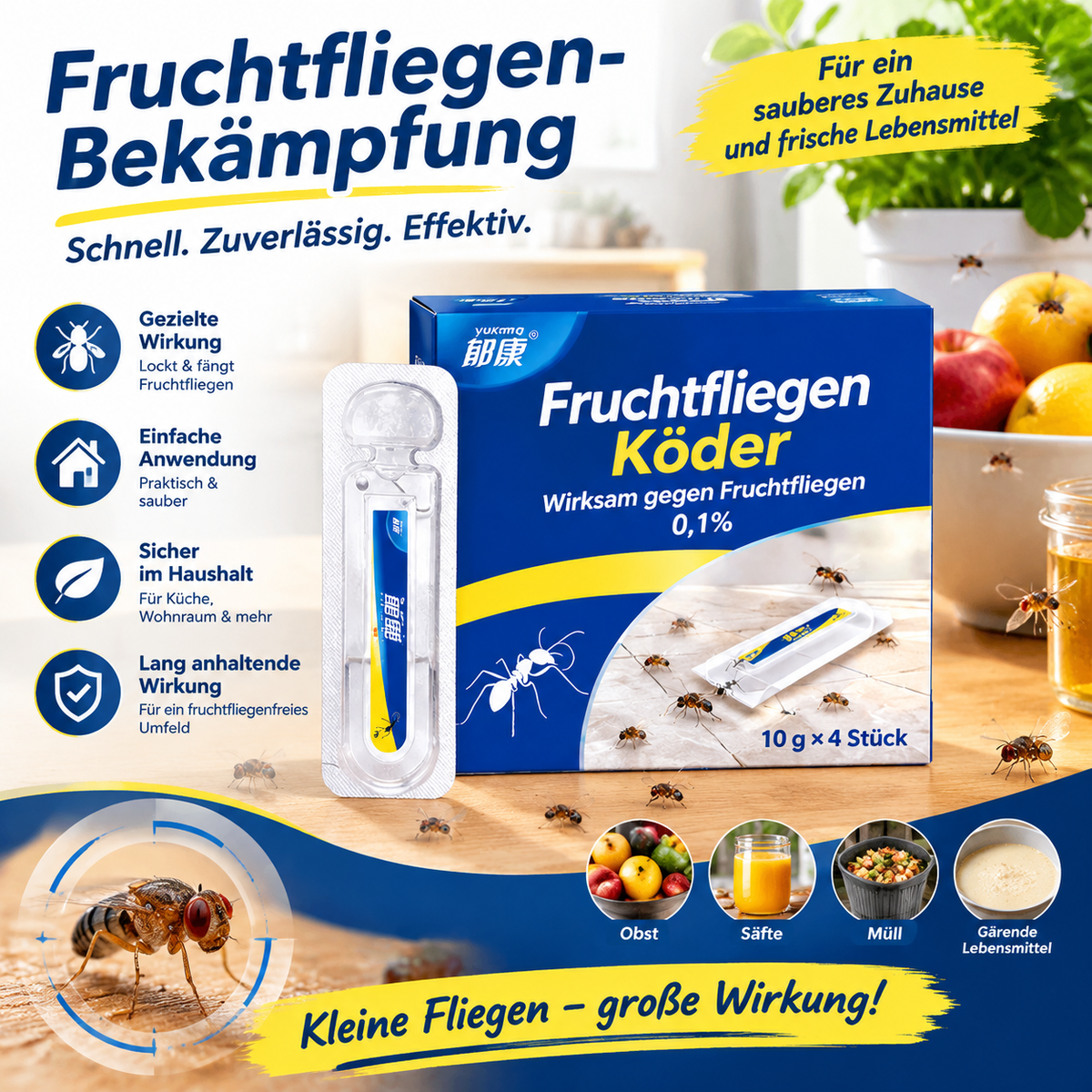 Fruchtfliegen Köder Fallen (4x10g Set) – Effektives Mittel gegen Fruchtfliegen & Essigfliegen, Starker Lockstoff für Küche, Obstschale & Haushalt