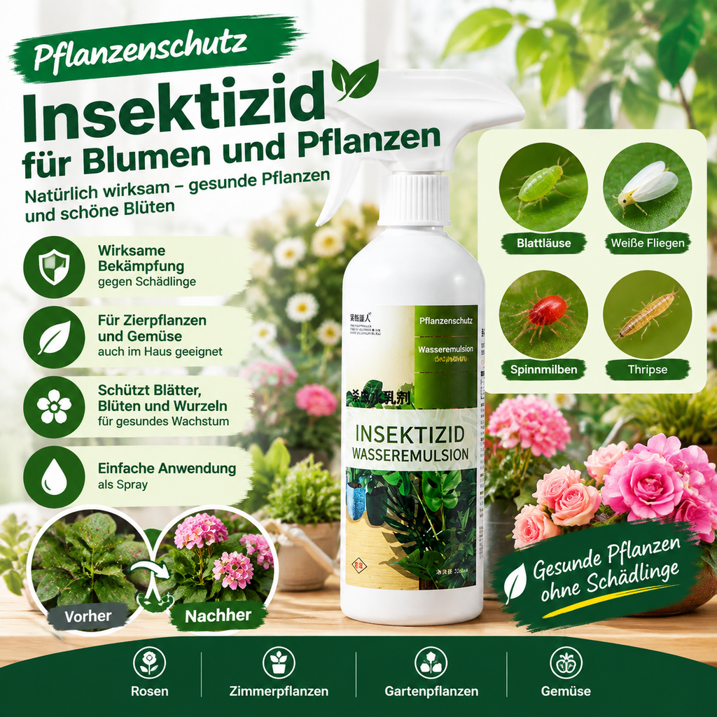Pflanzenschutz Insektizid Spray für Blumen & Zimmerpflanzen – Anwendungsfertige Wasseremulsion gegen Blattläuse, Spinnmilben & Weiße Fliegen, Pflanzenschonendes Schädlingsspray