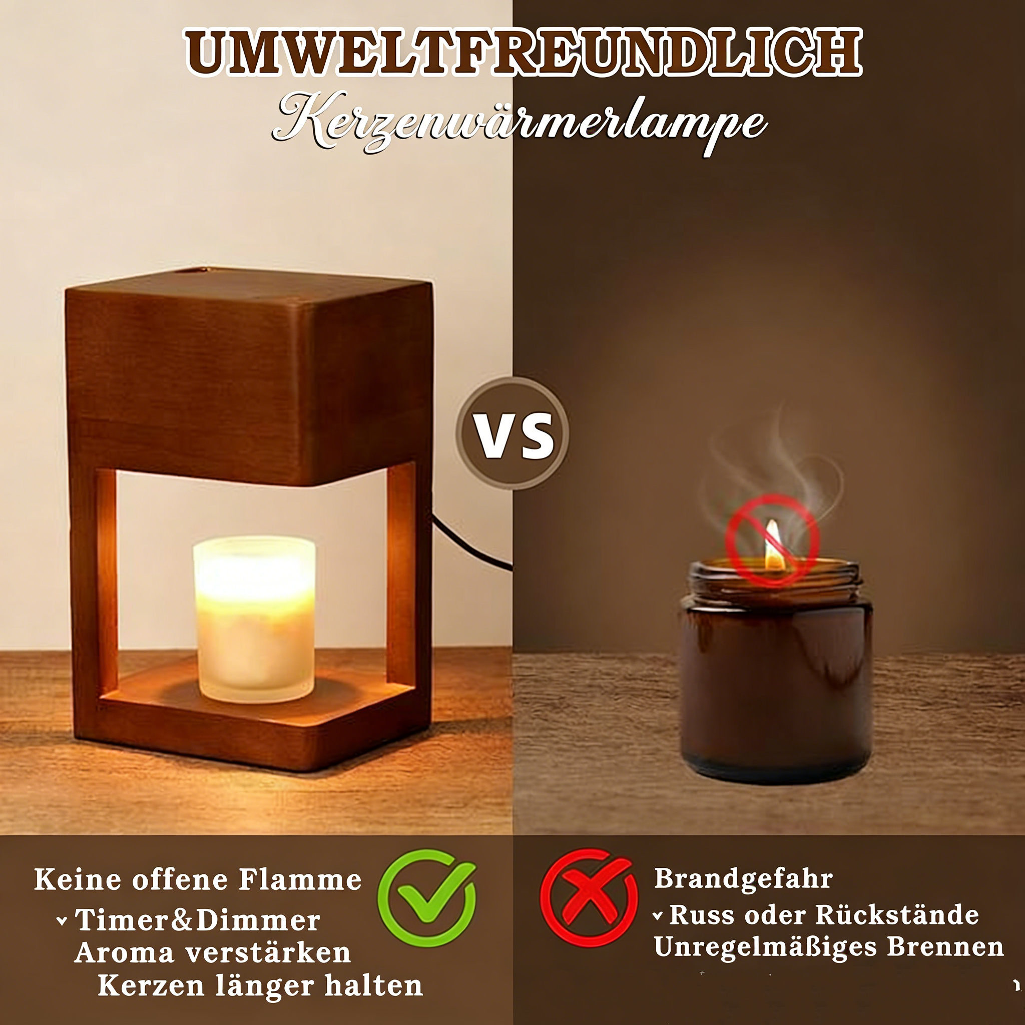 Elegante Kerzenwärmer Lampe aus Holz – Elektrische Duftlampe für Duftkerzen – Dimmbare Nachttischlampe & Stimmungslicht – Moderne Schlafzimmer Deko