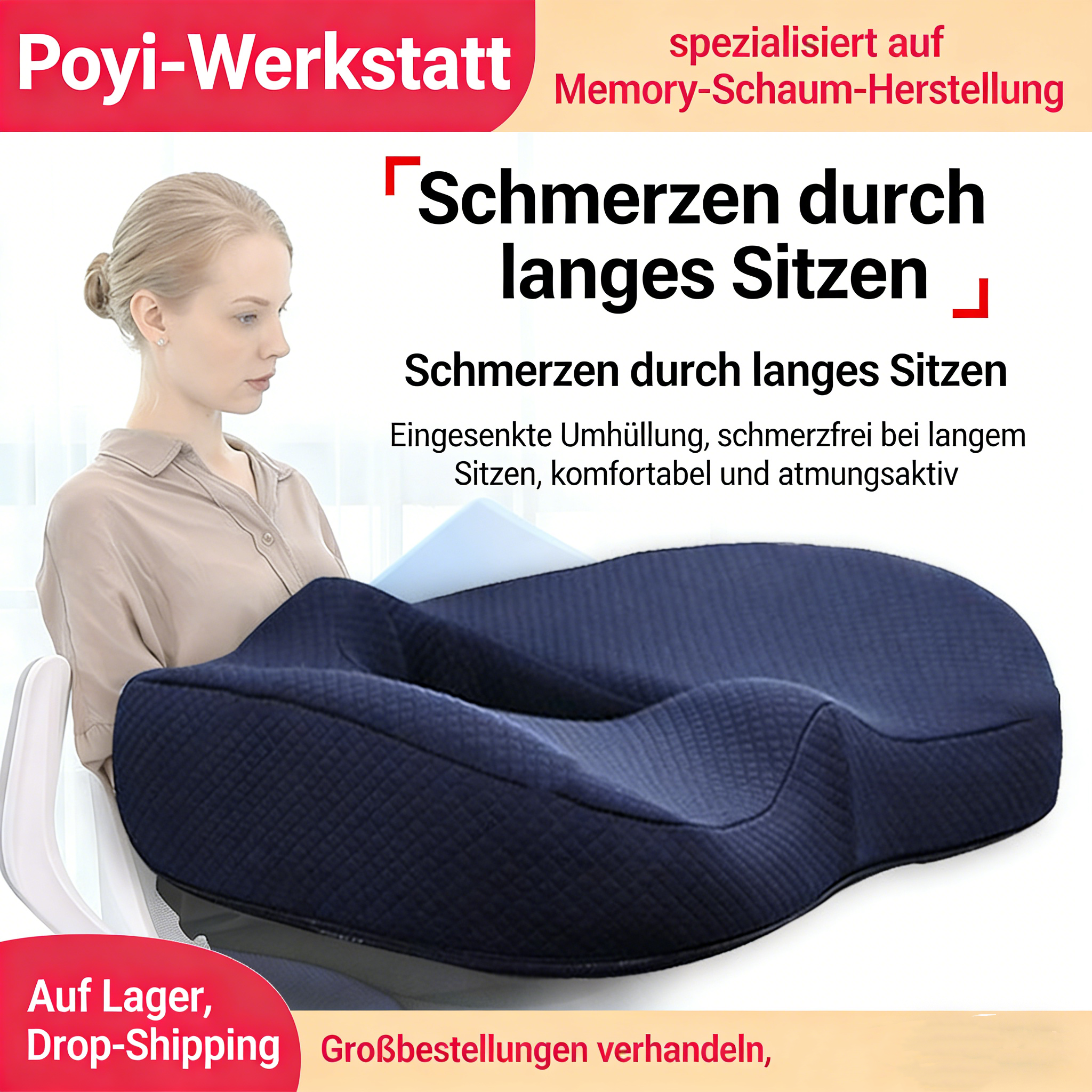 Ergonomisches Sitzkissen aus Memory-Schaum – Atmungsaktives Stuhlkissen zur Druckentlastung, Komfortkissen für Büro, Auto & Zuhause