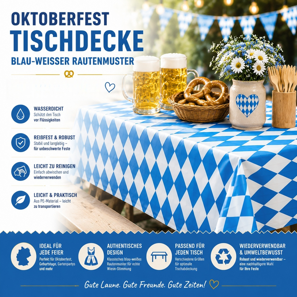 Oktoberfest Tischdecke Blau-Weiß Rautenmuster 137 x 274 cm – Abwischbare PE Biertischdecke, Wasserdicht & Reißfest