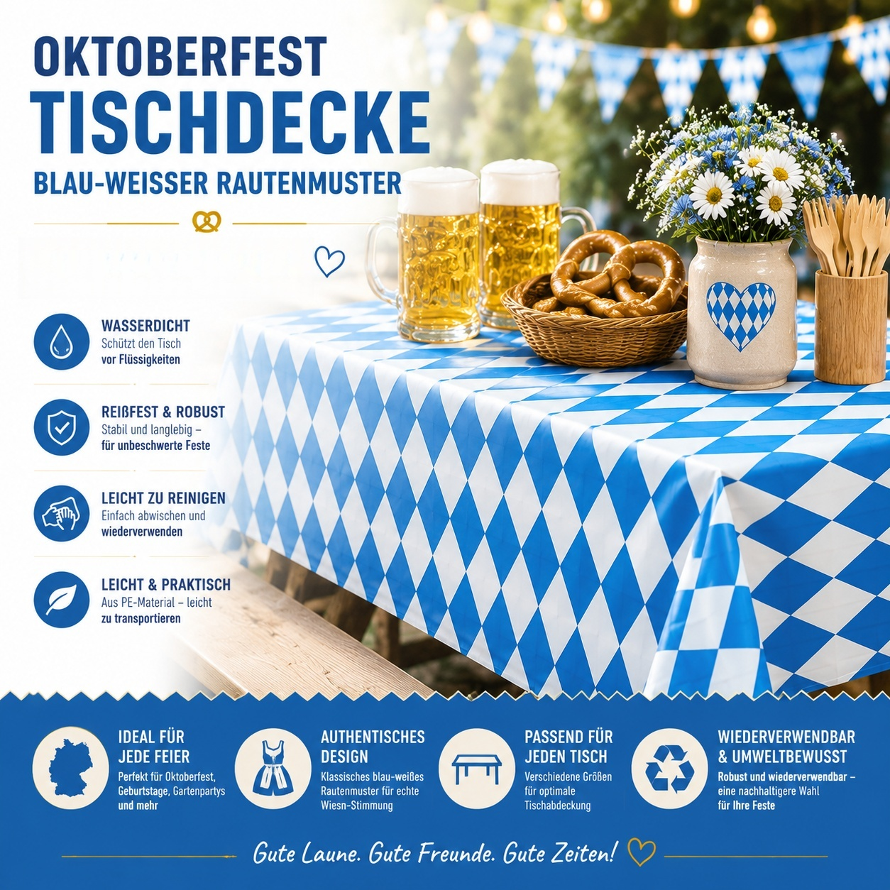 Oktoberfest Tischdecke Blau-Weiß Rautenmuster 137 x 274 cm – Abwischbare PE Biertischdecke, Wasserdicht & Reißfest