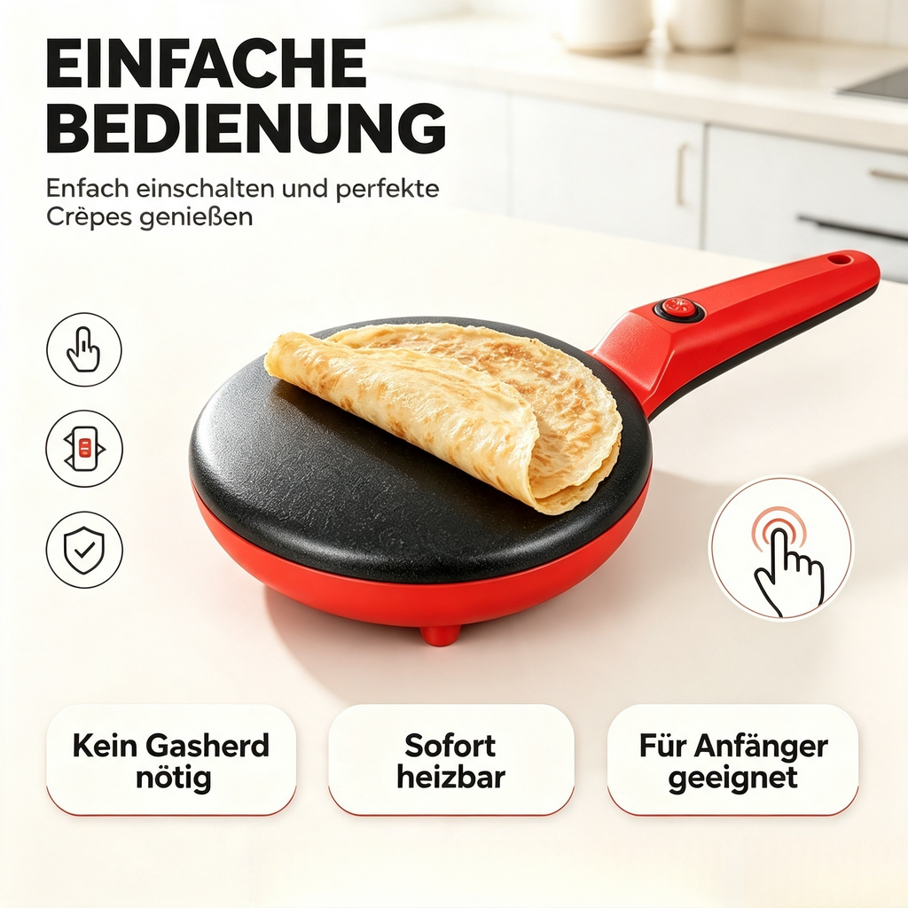 Elektrischer Crêpes-Maker 650W – Antihaft Pfannkuchenmaker mit 1-Knopf-Bedienung – Schneller & Leichter Crepe Maker für Hauchdünne Crêpes, Pancakes & Tortillas (Rot / Schwarz)