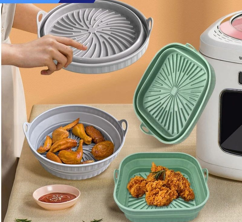Faltbare Silikonform für Heißluftfritteuse – Airfryer Zubehör Set – Hitzebeständige Backform für Backofen & Mikrowelle – Lebensmittelecht & BPA-frei – Spülmaschinenfest – Rund/Eckig