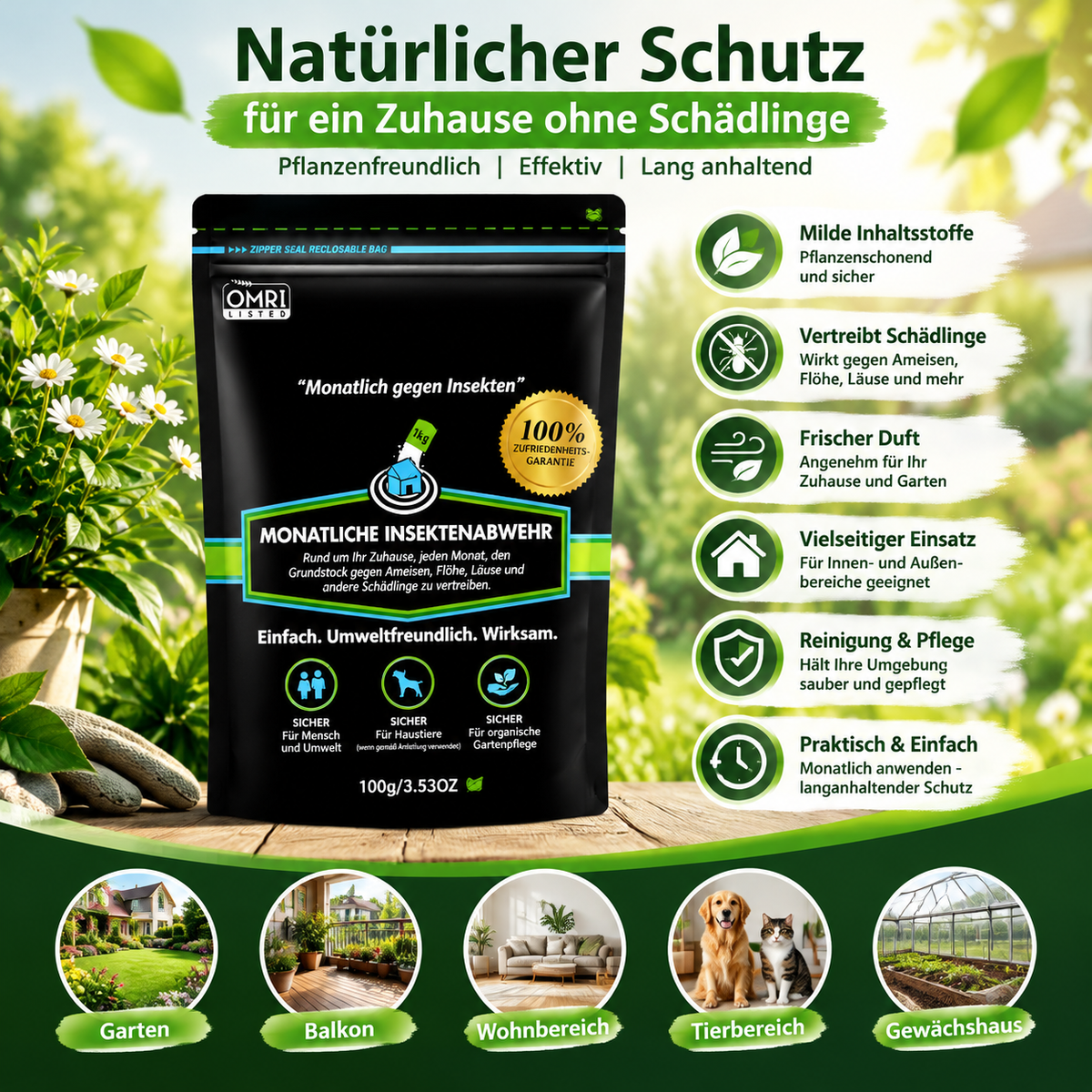 Natürliche Monatliche Insektenabwehr (2er Pack, 2x 100g) – Pflanzenschonendes Ungezieferpulver gegen Ameisen, Flöhe & Läuse, Umweltfreundlicher Schutz für Haus, Garten & Haustiere