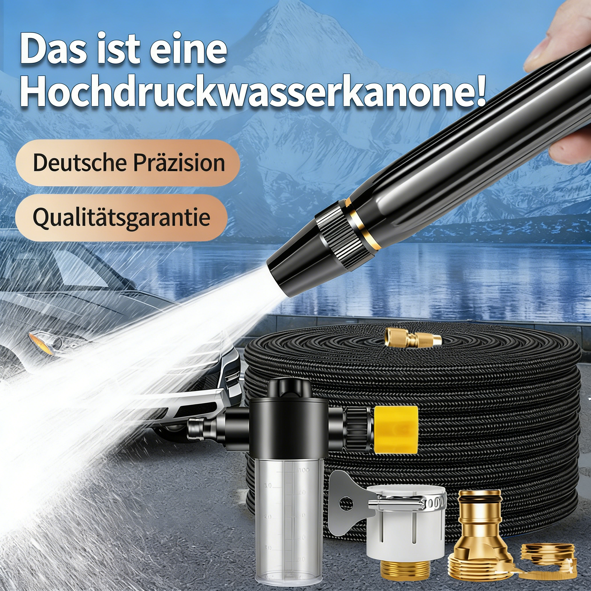 Flexibler Gartenschlauch mit Hochdruckbrause – Dehnbarer Wasserschlauch mit Messinganschlüssen – Multifunktionale Spritzpistole für Autowäsche & Gartenbewässerung