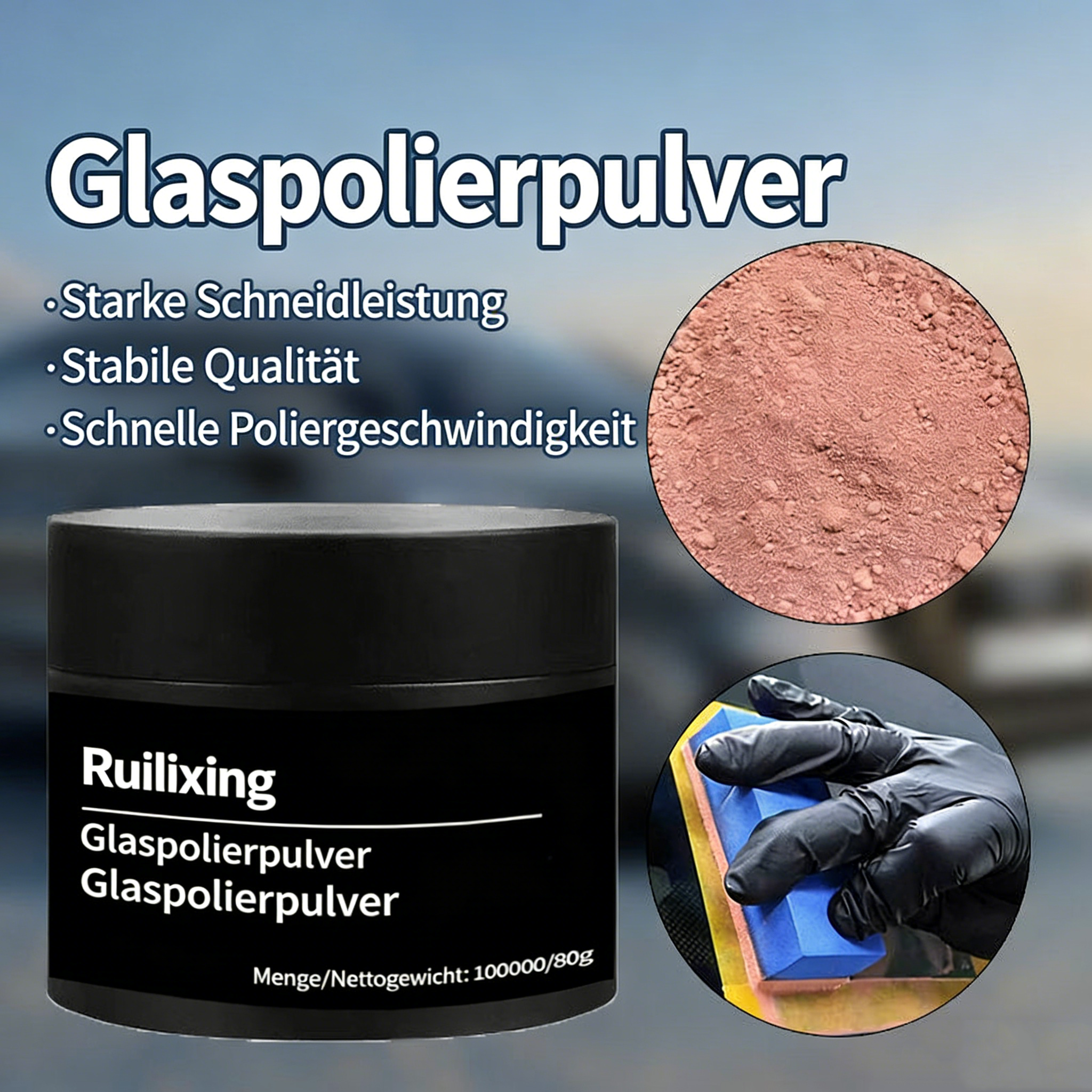 Glaspolierpulver für Auto – Entfernt Ölfilm & Wasserflecken – Tiefenreinigung für Frontscheibe & Klare Sicht – Sicher