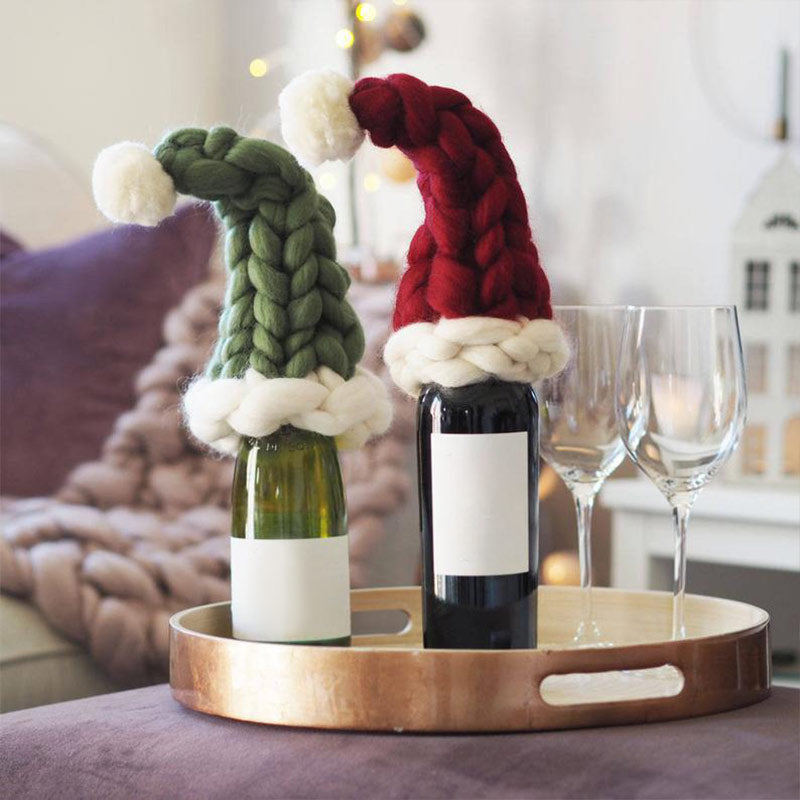 Handgestrickte Weihnachtsmütze aus Islandwolle für Weinflaschen Weihnachtsbaum Deko