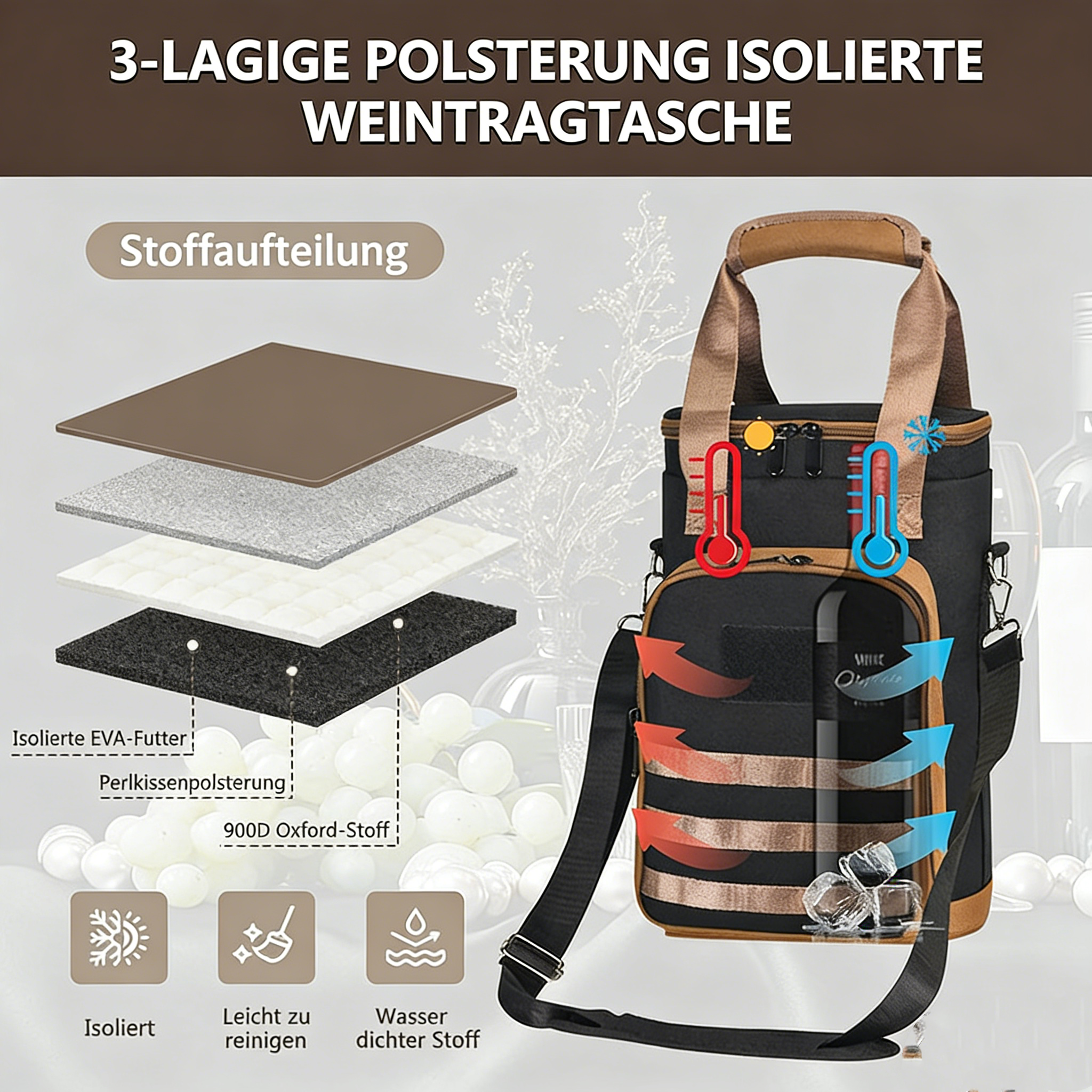 Isolierte Kühltasche für Getränke & Wein – Multifunktionale Picknicktasche – Dicke Isolierung – Wasserfest & Tragbar