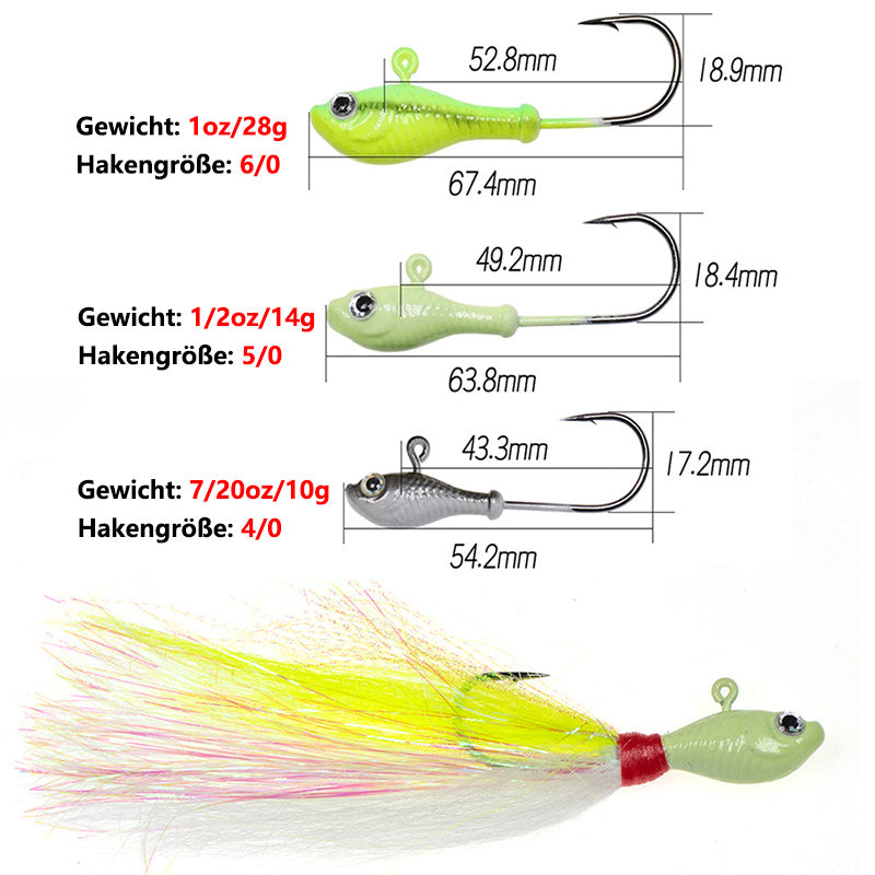 Jigkopf-Köder mit Kunsthaar 10–28g – Weitwurf Anti-Hänger Kunstköder für Meeresangeln & Raubfische