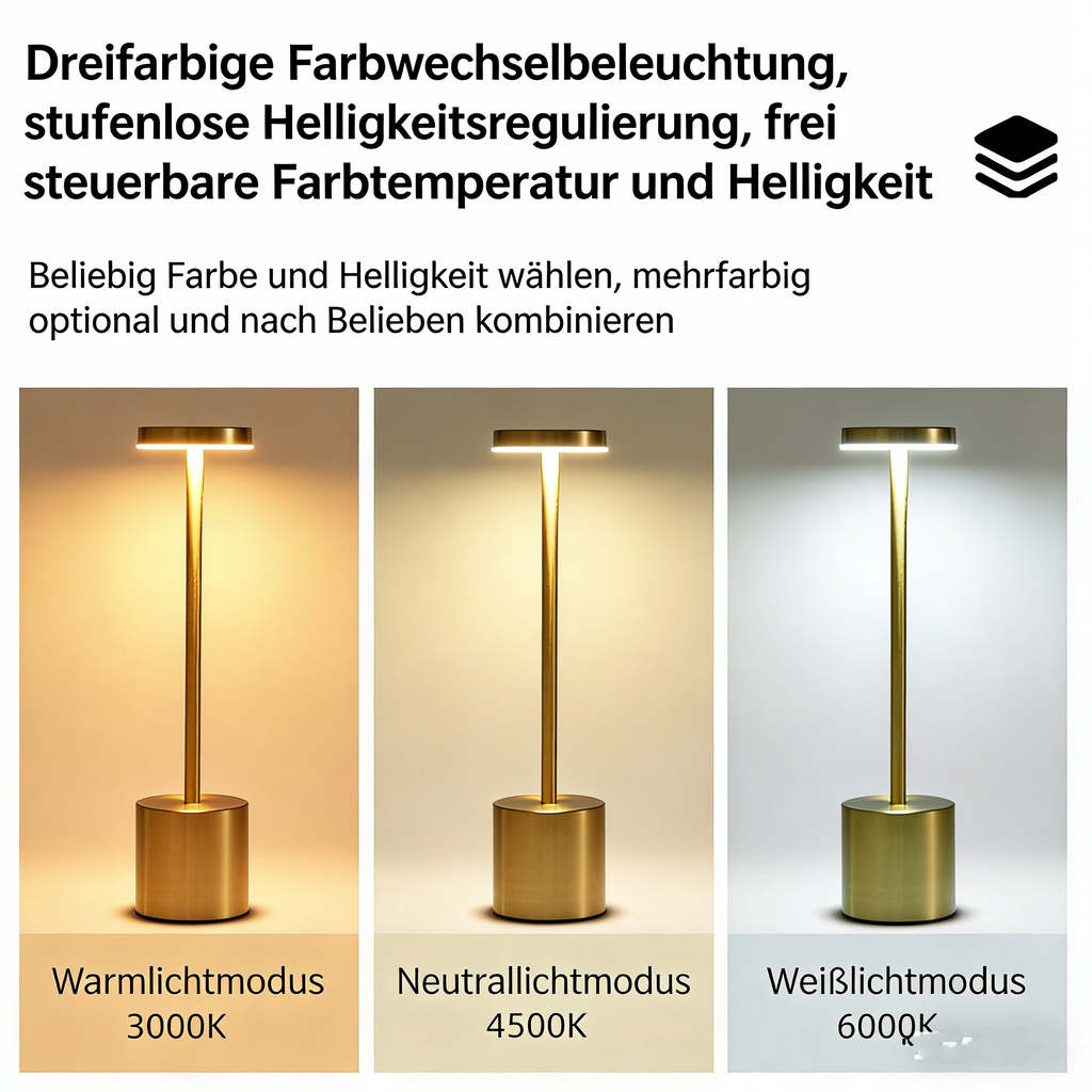 Kabellose LED Tischlampe aus Metall – Dimmbare Nachttischlampe mit Touch-Steuerung – Wiederaufladbare Akku-Tischleuchte mit USB – Tragbare Ambientebeleuchtung für Außen & Innen